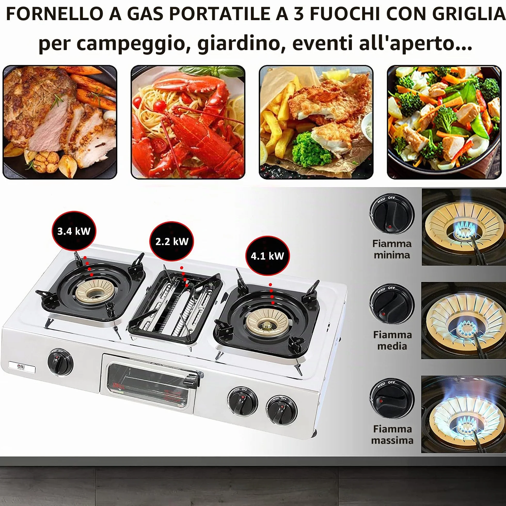 NJ G-87 Fornello a Gas da Campeggio - 3 Fuochi Mini forno Grill Piano Cottura Portatile