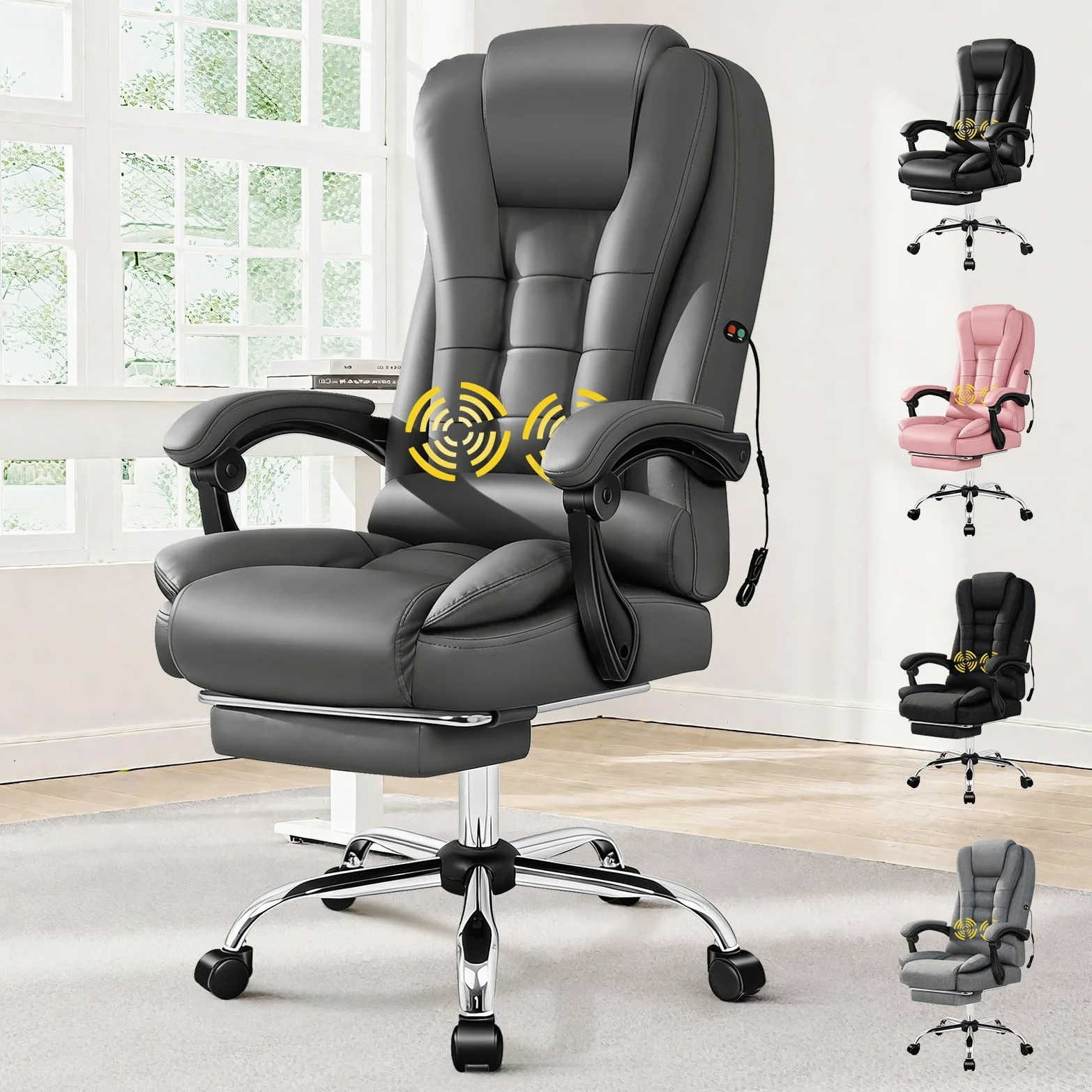 ALFORDSON Sedia Ufficio Ergonomica con Massaggio, Sedia Scrivania con Supporto Lombare e Poggiapiedi, Poltrona Girevole con Rotelle per Ufficio e Studio Sala Riunioni, Similpelle(Grigia)