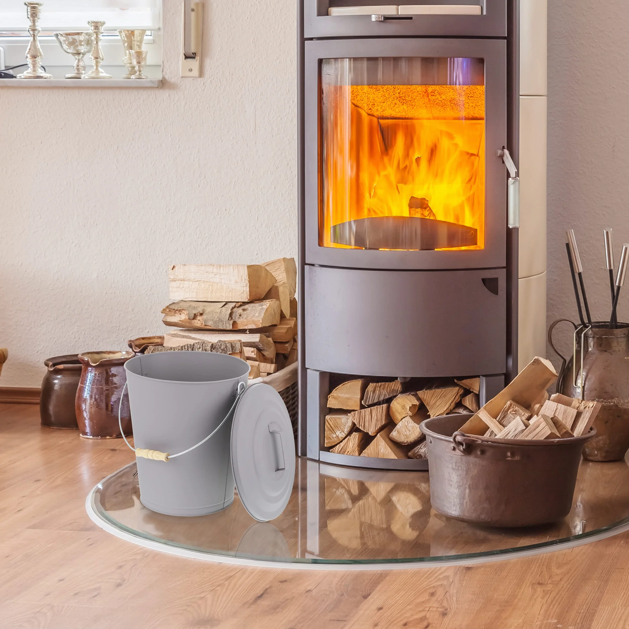 Relaxdays Secchio Portacenere Acciaio Legno Grigio HD42x35,5cm