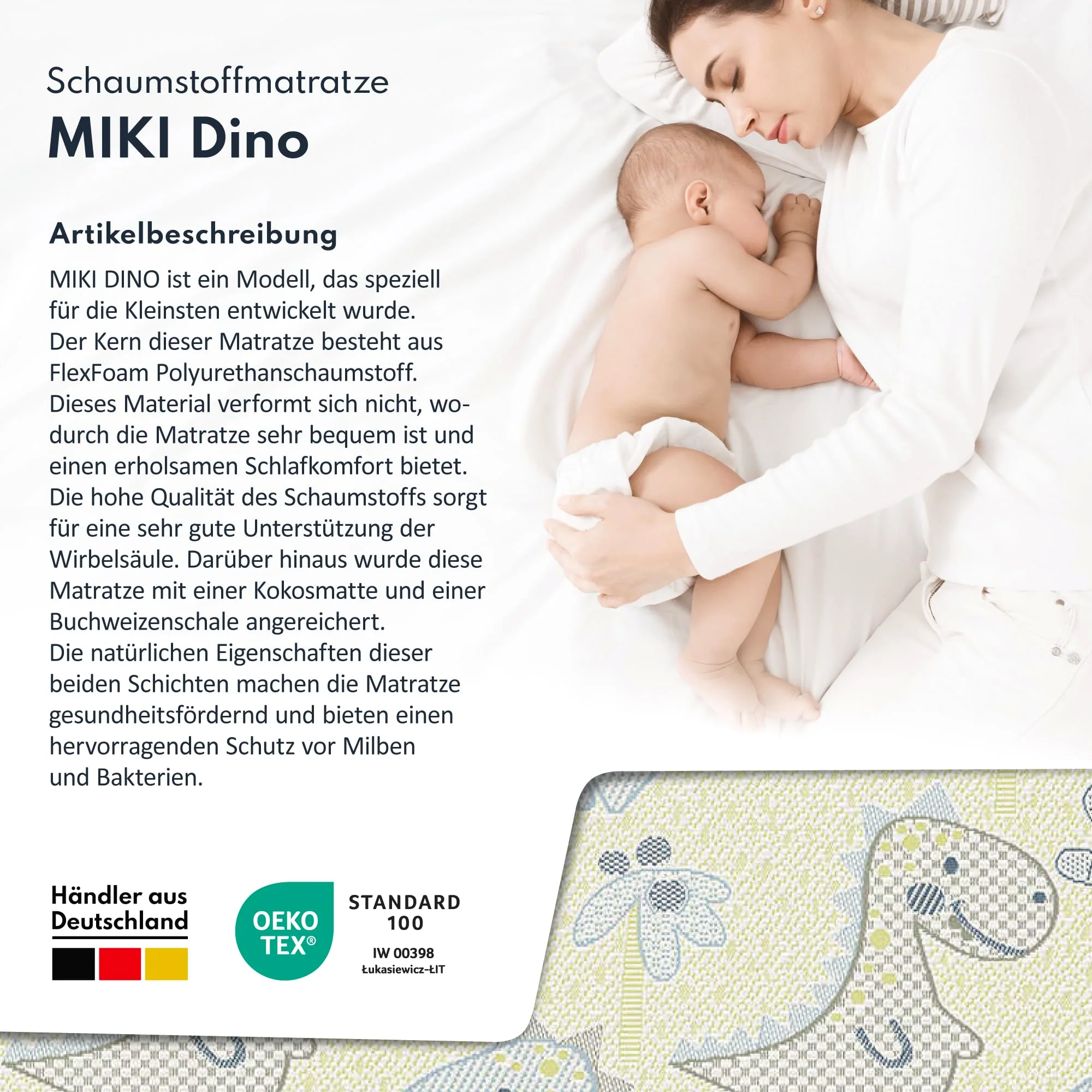 FDM Miki Materasso 90x190 cm Schiuma di Memoria Alto 9 cm Grado di Rigidità H2 H3 Materasso a Due Lati OEKO-TEX Anallergic Rivestimento Lavabile Dino