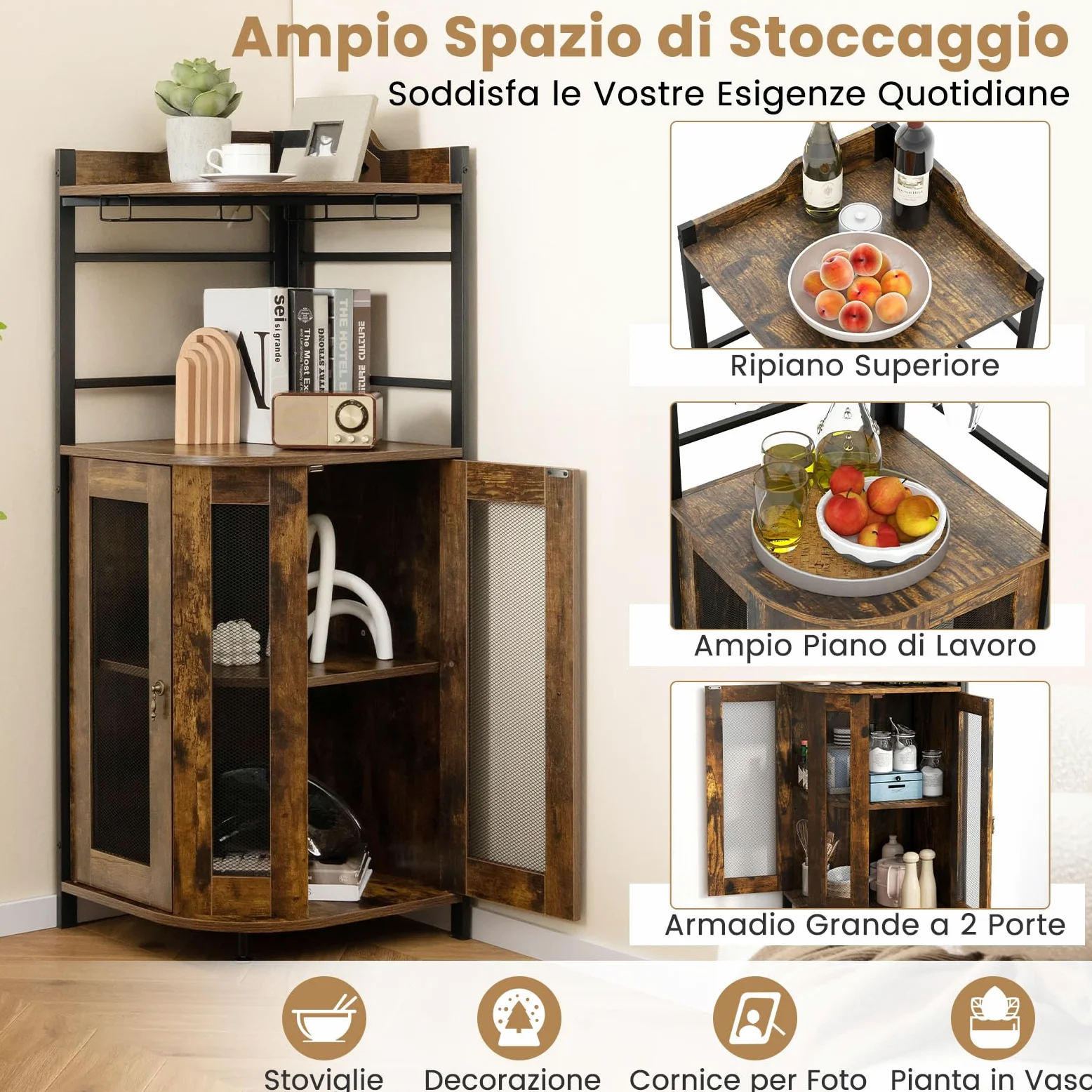 GYMAX Armadietto per Vini ad Angolo in Stile Industriale con Ripiano Regolabile e Porta a Rete, Armadietto con Porta Bicchiere da Vino, Armadietto su Gambe per Bar, Cucina, Soggiorno (Marrone)