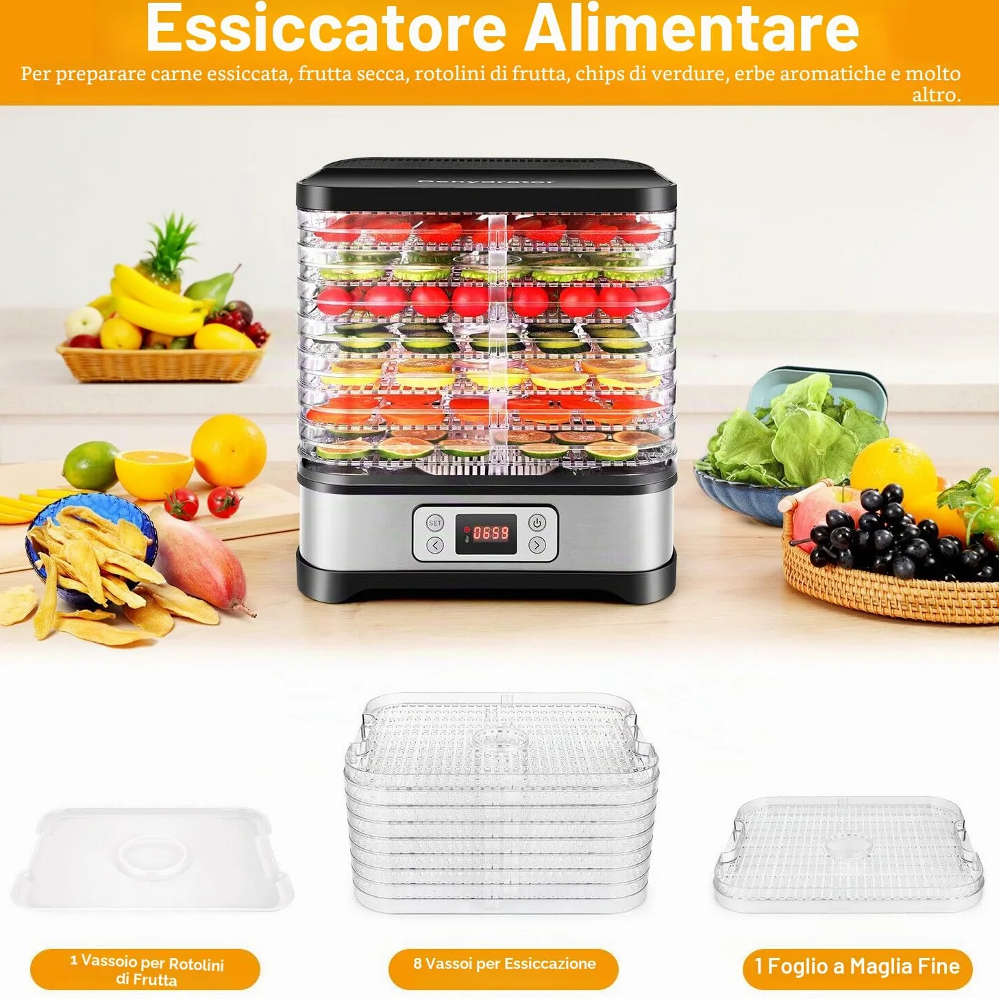 Nictemaw Essiccatore automatico da 400 W, Essiccatore per alimenti con 8 Pallet, Essiccatore per carne, frutta e verdura, temperatura regolabile 35-70 ℃, Argento Nero