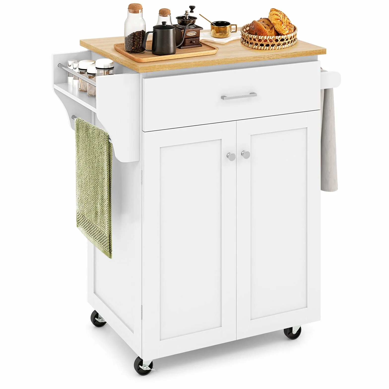 COSTWAY Isola da Cucina con Ruote, Carrello da Cucina con Cassetto e Armadio, Porta Spezie e Barre Porta Asciugamani, Armadietto Mobile con Ripiano Regolabile per Sala da Pranzo, 83x48x91 cm