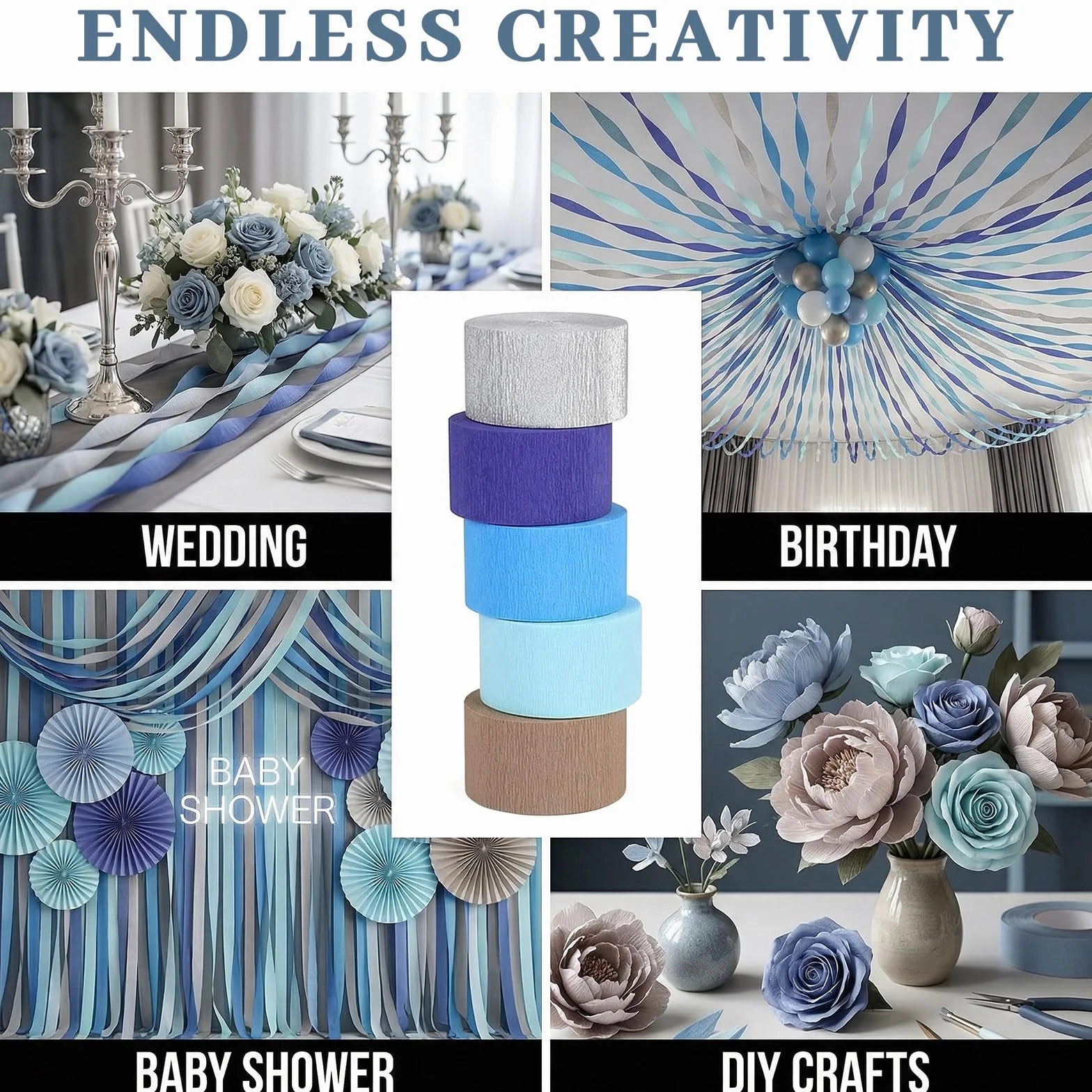 Rotoli Carta Crescentina Blu Polveroso Grigio Argento per Decorazioni Matrimonio Festoni Party Nuziale