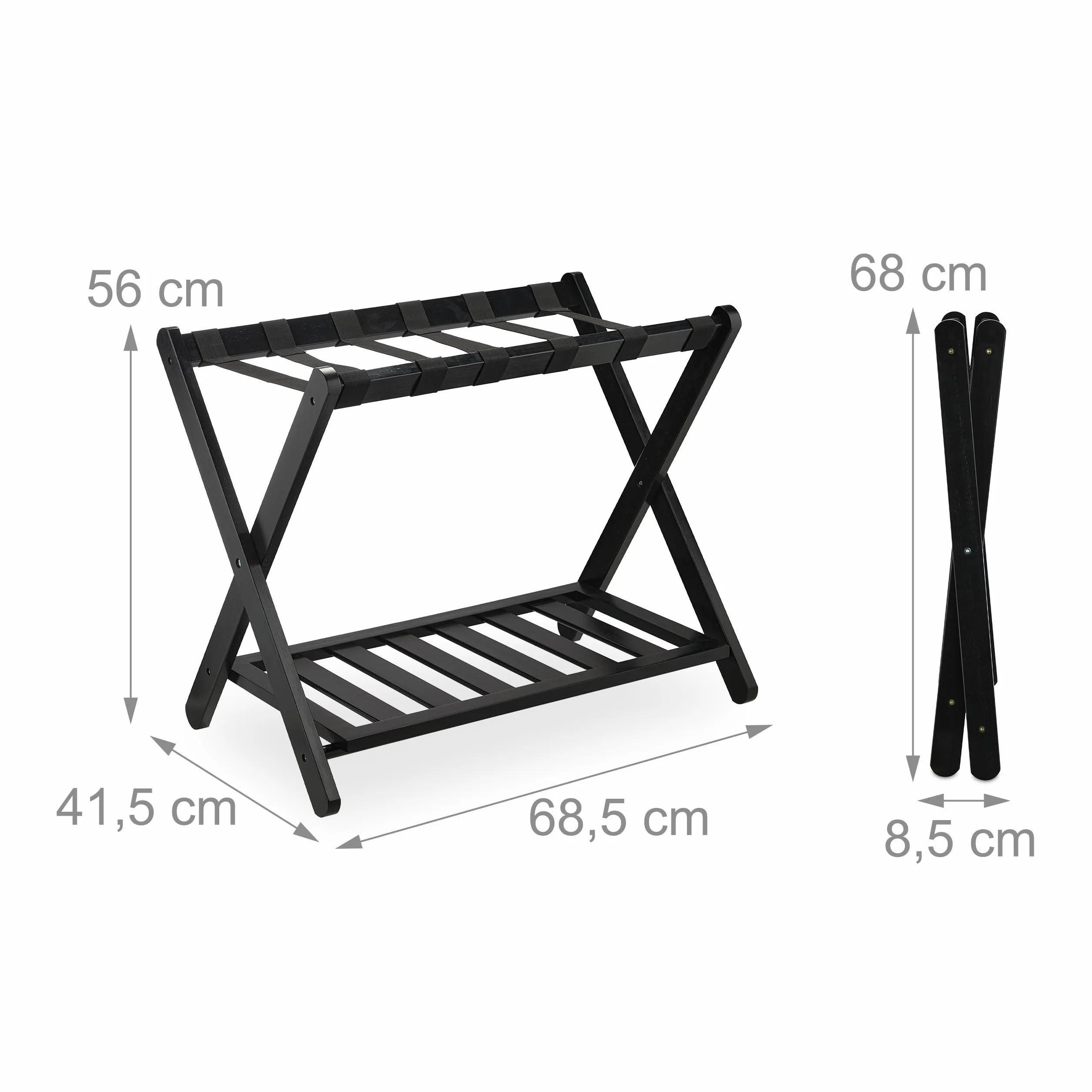 Relaxdays Stand Reggivaligia in Bambù Pieghevole, Portavaligie Hotel 56x68,5x41,5 cm Nero
