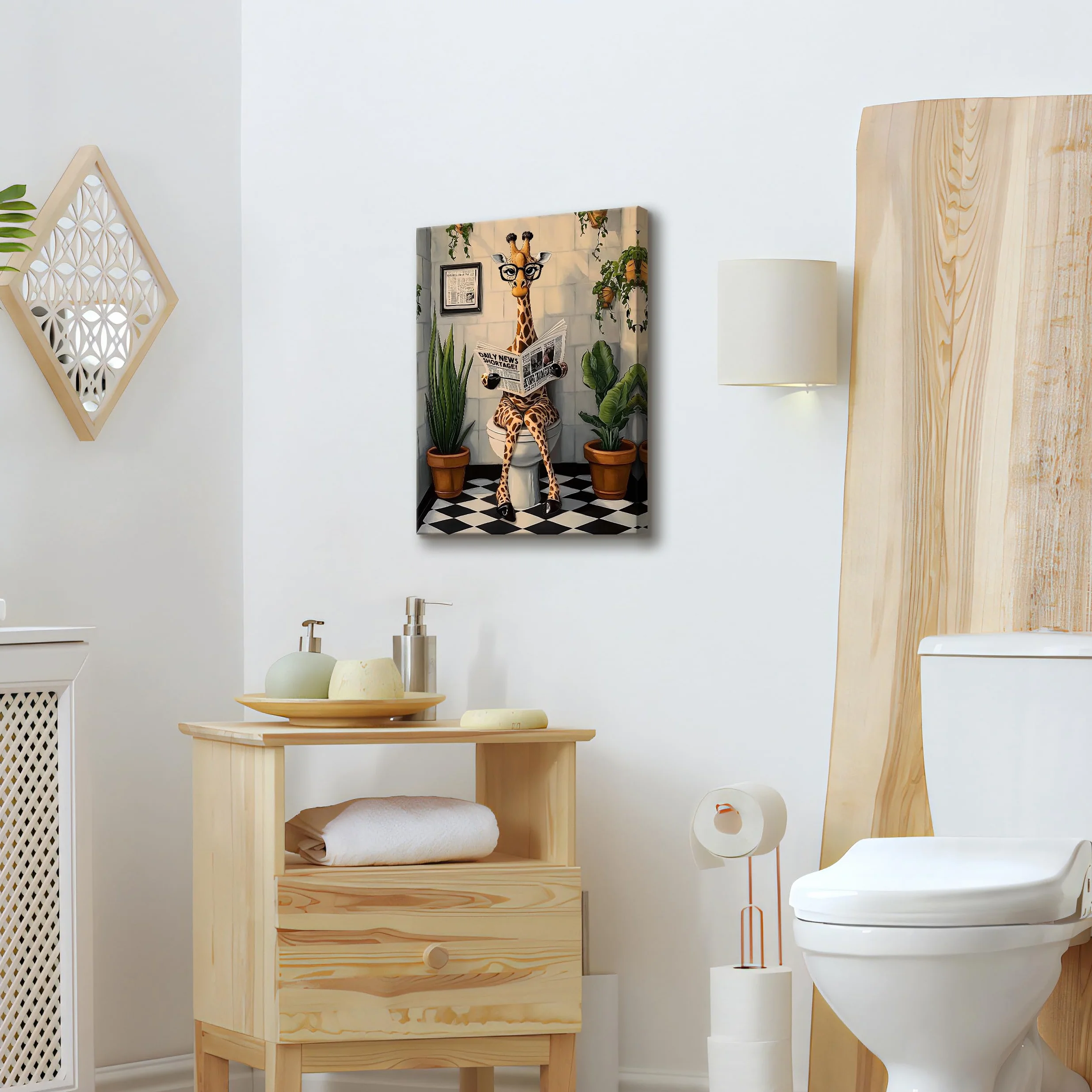Stampa su tela Con Cornice Divertente Giraffa Pittura Giraffa che Legge il Giornale sul Water Quadri su tela Animali Umorismo Quadri Moderni Bagno Vasca da Bagno WC Stampe da Parete 30x40cm