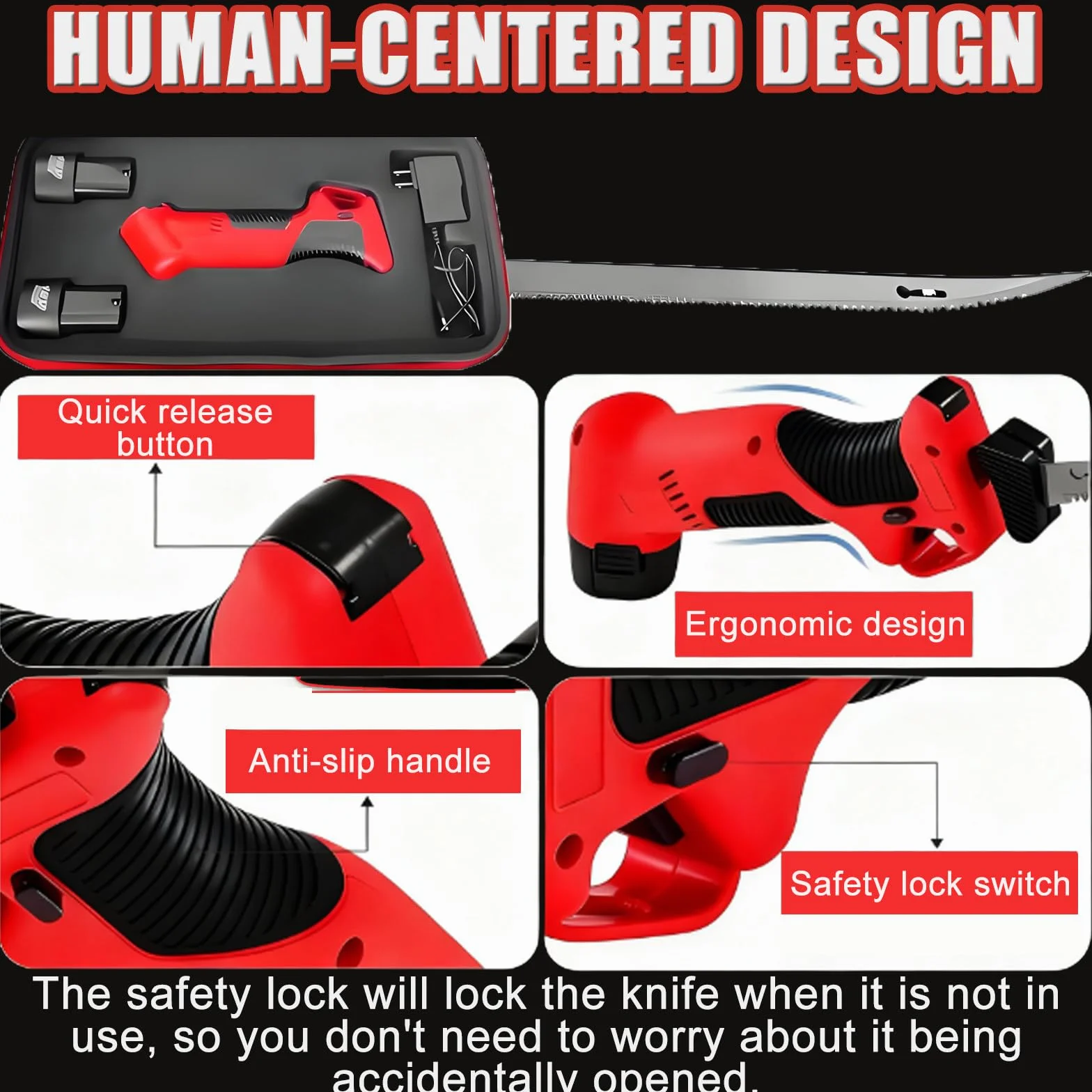 Coltello Elettrico Cordless Professionale per Filetti/Ossa Piccole - Sega Alternativa per Filetti di Pesce/Carne, Ricaricabile, per Campeggio E Pesca, con 4 Lame, 2 Batterie da 2000 mAh