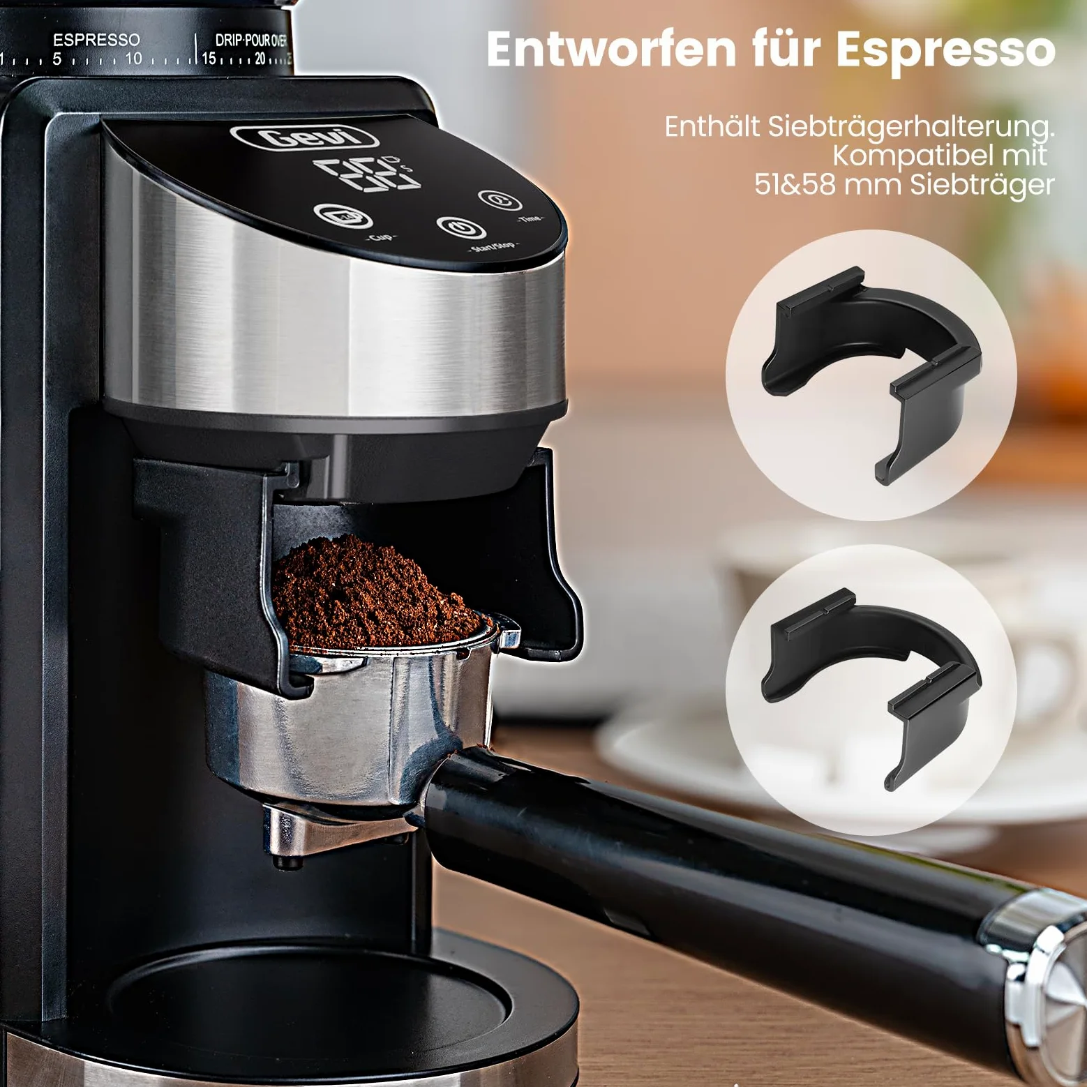 Gevi Burr - Macinino elettrico per chicchi di caffè, 35 impostazioni di macinazione regolabili con supporto professionale da 51 e 58 mm