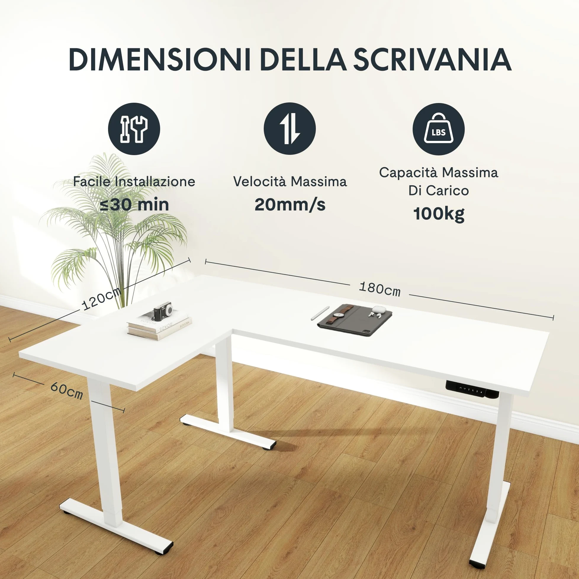 FLEXISPOT - Scrivania da ufficio angolare 180x120cm, tavolo a L con 3 piedi, scrivania elettrica regolabile in altezza con 4 pulsanti di memoria e sistema di sicurezza anti-collisione (Bianco)