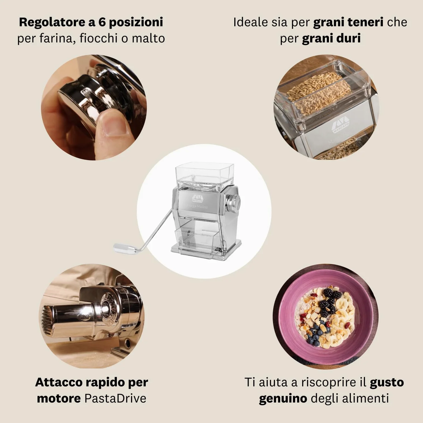 Marcato Mulino Macina Cereali, Acciaio e Alluminio, Argento, Linea Premium.