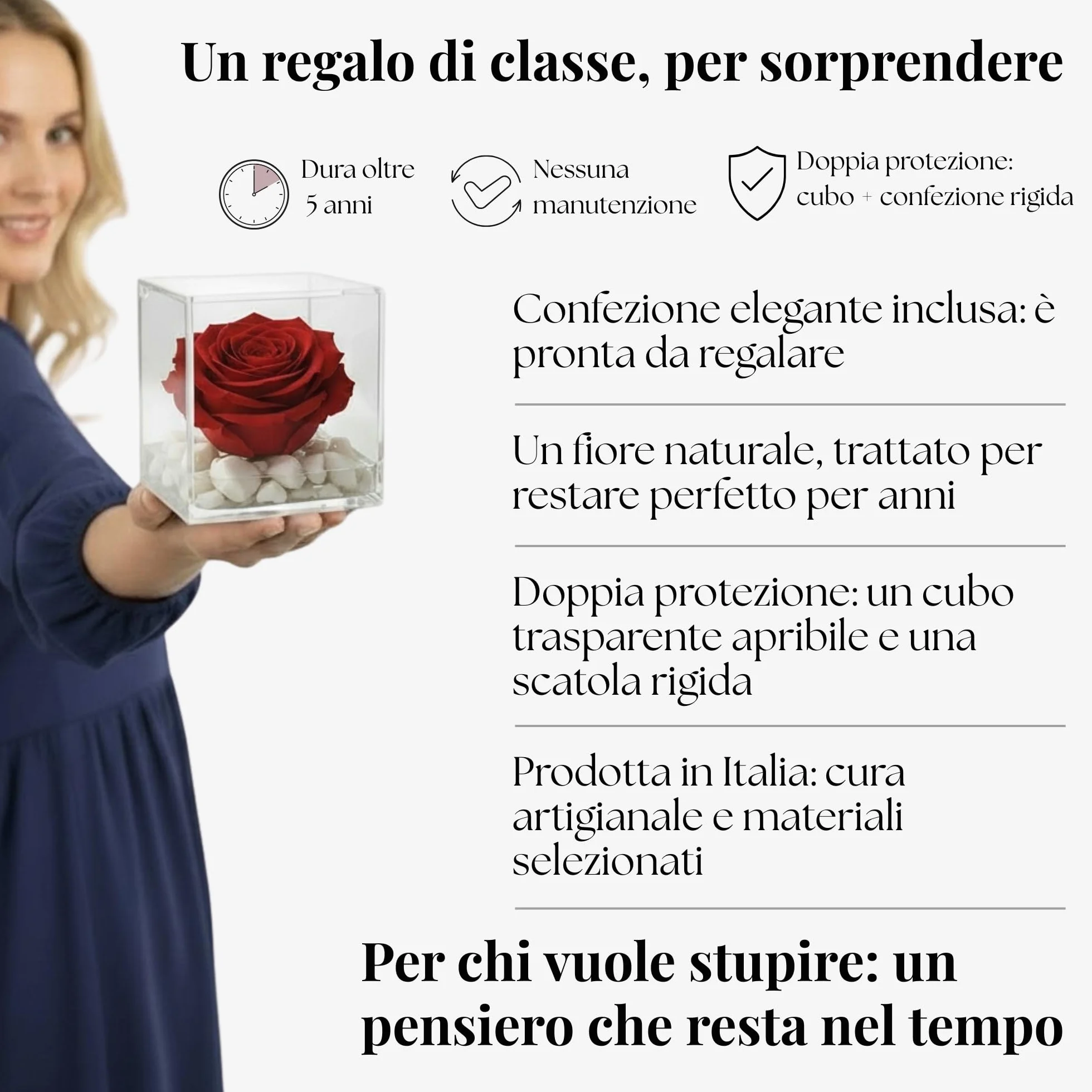 Cubo Rosa Stabilizzata Rossa 6 cm con Marmo di Carrara - Rosa Eterna Idea Regalo San Valentino Festa Mamma Made in Italy