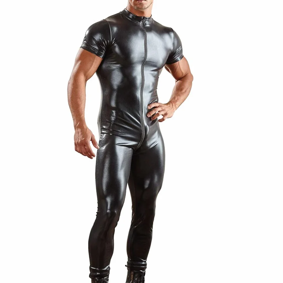 Tuta da uomo, tinta unita, effetto bagnato, body da uomo, in pelle, tuta intera in similpelle, effetto pelle, biancheria intima in pelle sintetica, pantaloni da clubwear