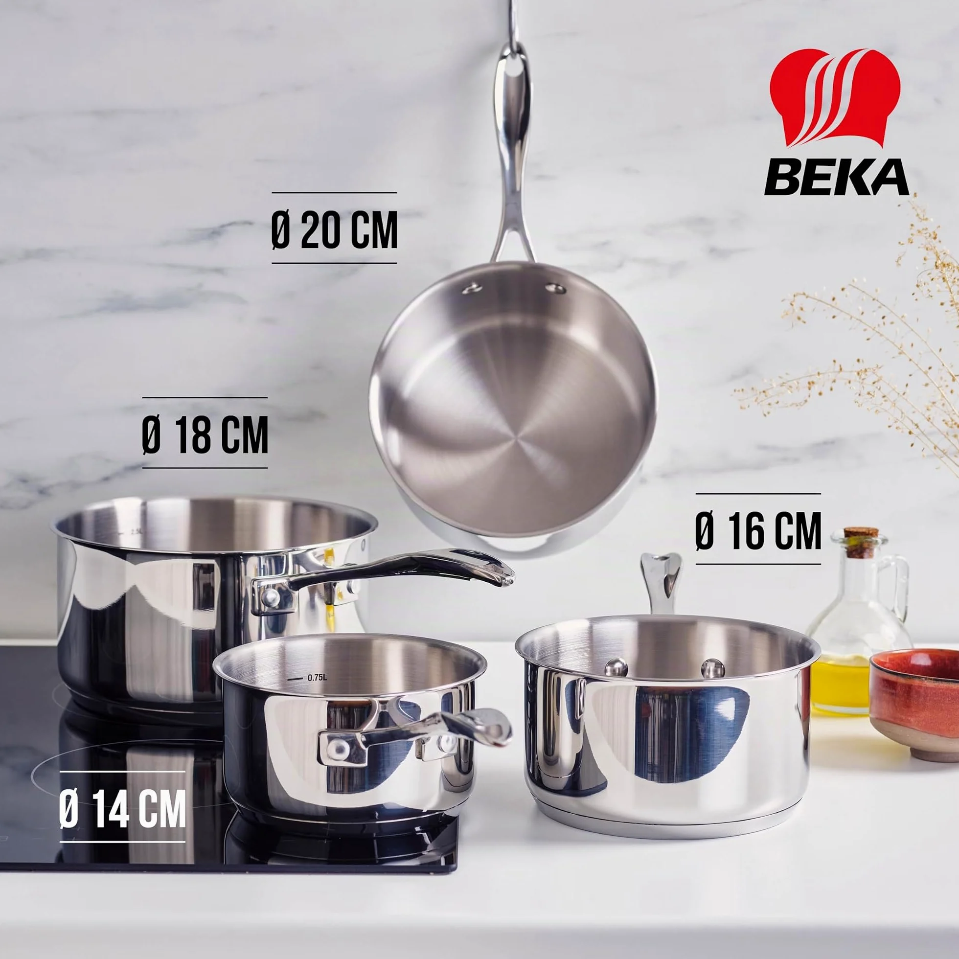Beka 12066984 - Set casseruole in Acciaio Inox on Manico, 14/16/18/20 cm, 4 Pezzi