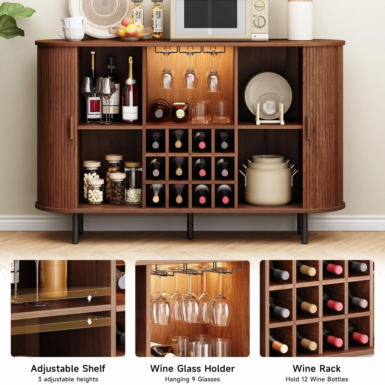 ONBRILL Armadietto da bar con luce a LED, moderna stazione per liquori, whisky, caffè, con portabottiglie e supporto per bicchieri, credenza da buffet per casa, soggiorno, cucina, ingresso (noce)
