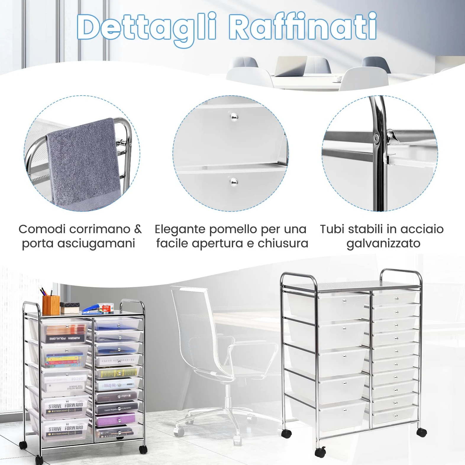 GYMAX Carrello Portaoggetti con 15 Cassetti Staccabilea, Carrellino Salvaspazio con Ruote, per Uffici, Parrucchieri, Studio, Soggiorno, 62,5 x 37 x 87 cm (TRASPARENTE)