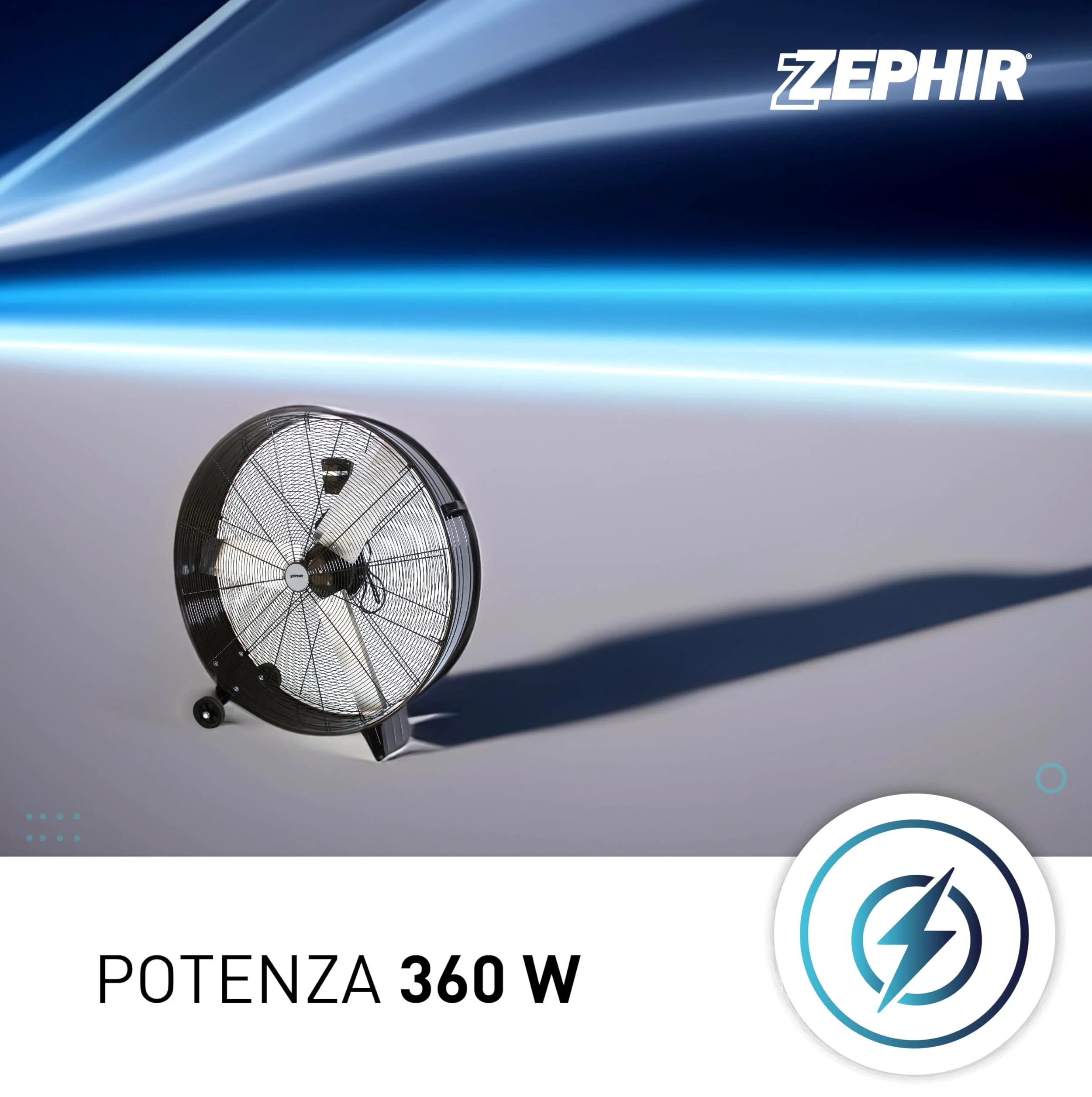 Zephir ZDM90CM Ventilatore Industriale da Terra Professionale con Ruote Struttura Interamente in Metallo Superpotente Pala 90 cm Gabbia 3 velocità selezionabili Motore da 360W, Nero