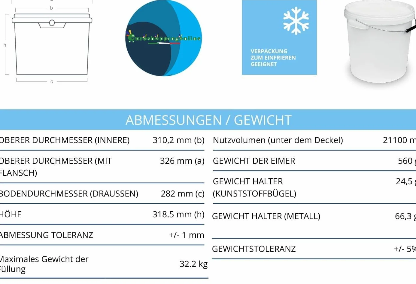 Secchio in plastica, 20 litri, bianco traffico, con coperchio per alimenti trasporto box manico in metallo latte milk