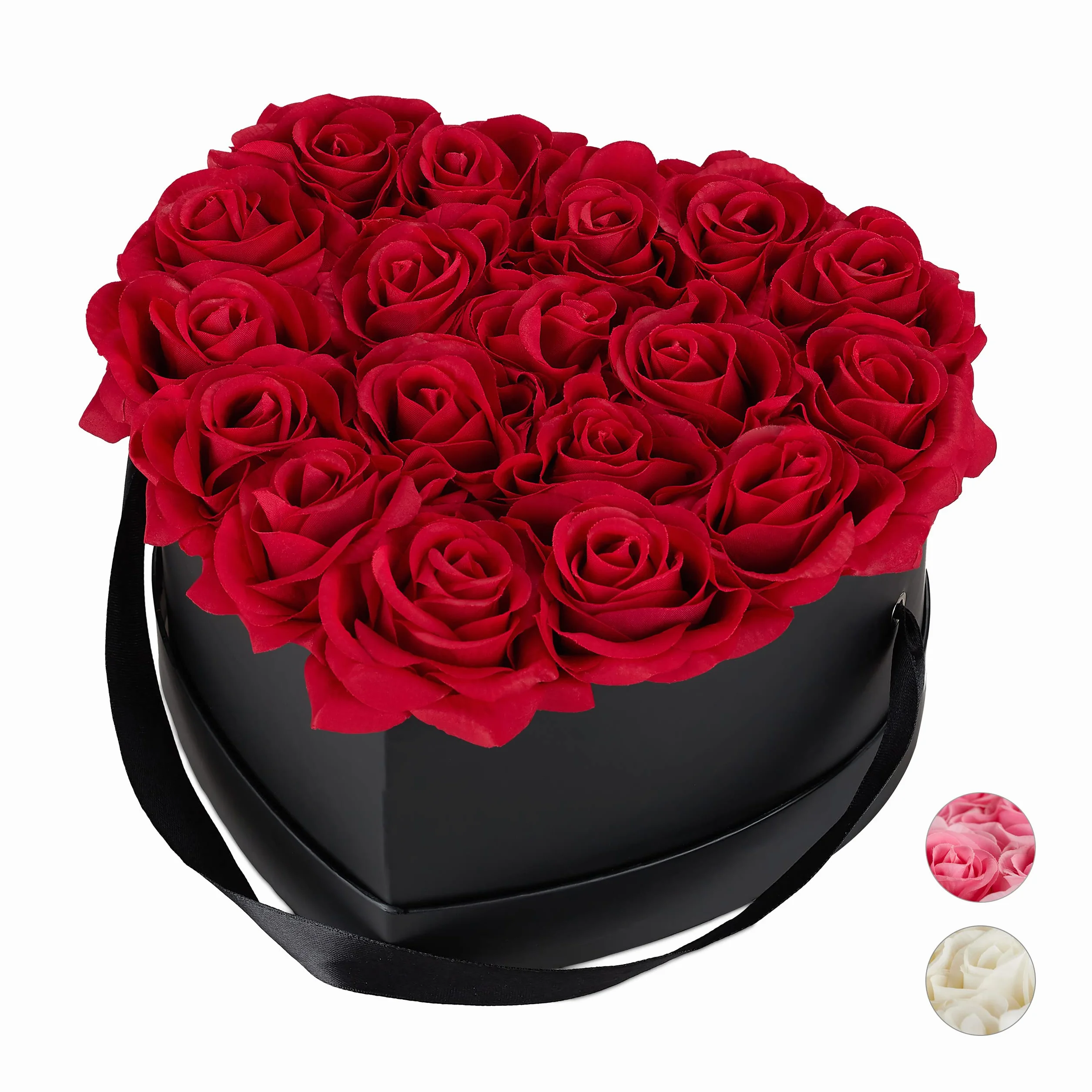 Relaxdays Box di Rose a Forma di Cuore, 18 Rose, Nero, Resistente 10 Anni, Idea Regalo, Box Decorativo, rossi