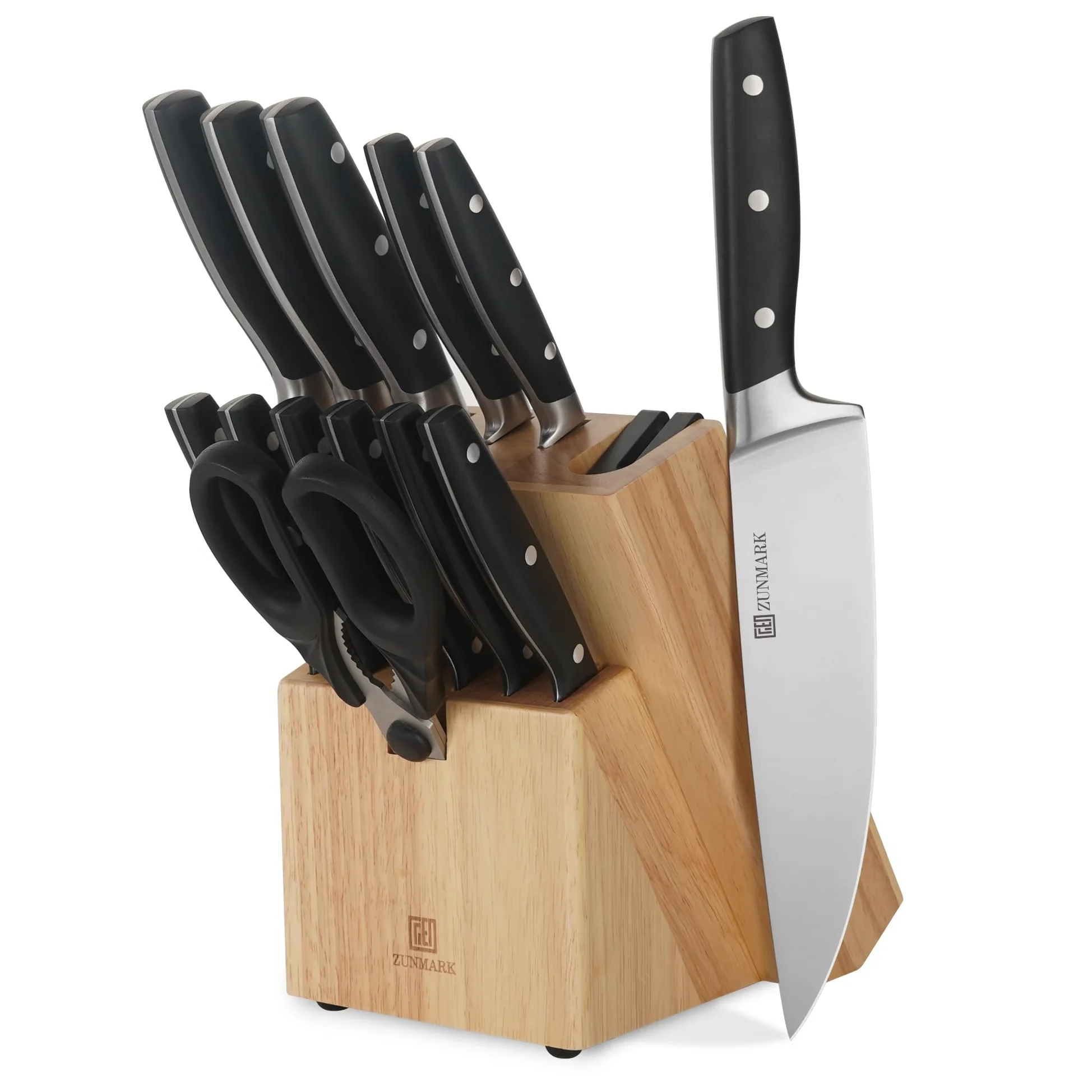 Set di Coltelli da Cucina 13 Pezzi Professionale con Blocco Legno e Affilatore Integrato, Coltelli Chef Affilati - Ideale per Casa e Ristoranti, Nero Elegante, Lavabile in Lavastoviglie