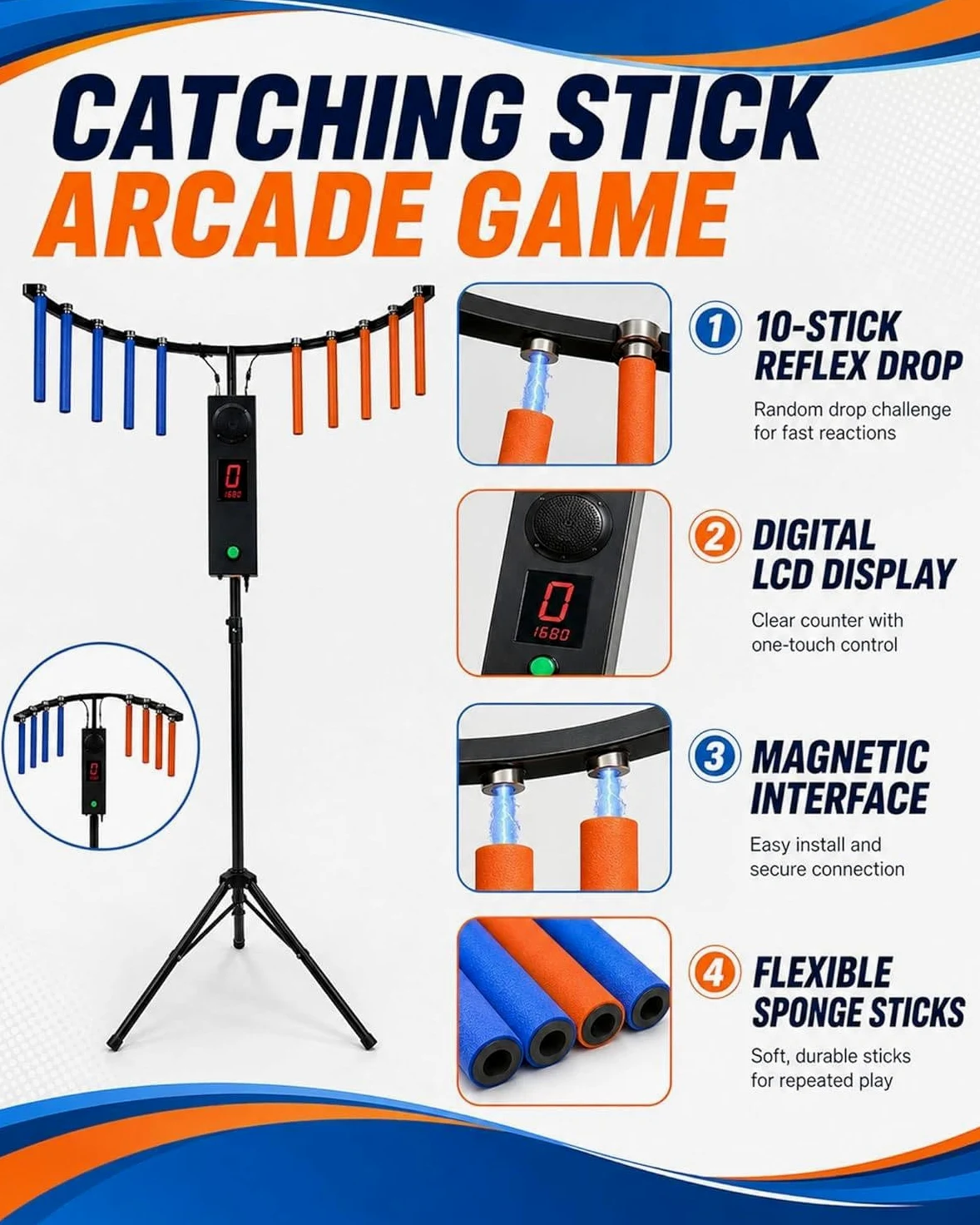 Macchina Arcade per Gioco di Riflessi con 10 Bastoncini Blue | 5 Velocità, 6 Difficoltà, 3 Modalità, Altezza 0,9–2 M, LED E Mp3, Allenamento Riflessi Bambini Adulti Eventi