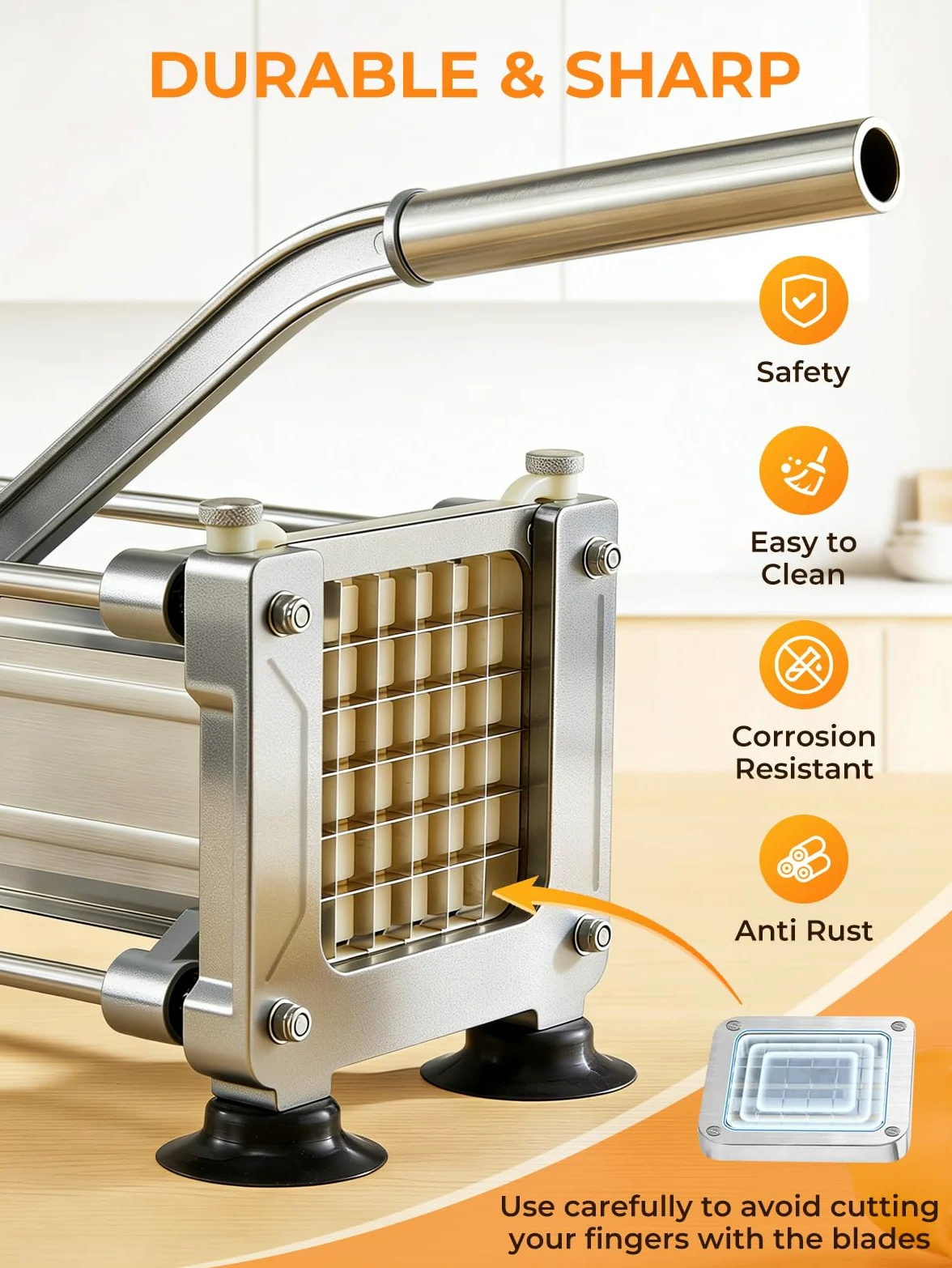 FOHRER Tagliapatate Professionale in Acciaio Inox con 3 Lame (13, 9, 6 mm) per Patate Intere, Carote, Cetrioli, Cipolle e Patate Fritte (Argento)