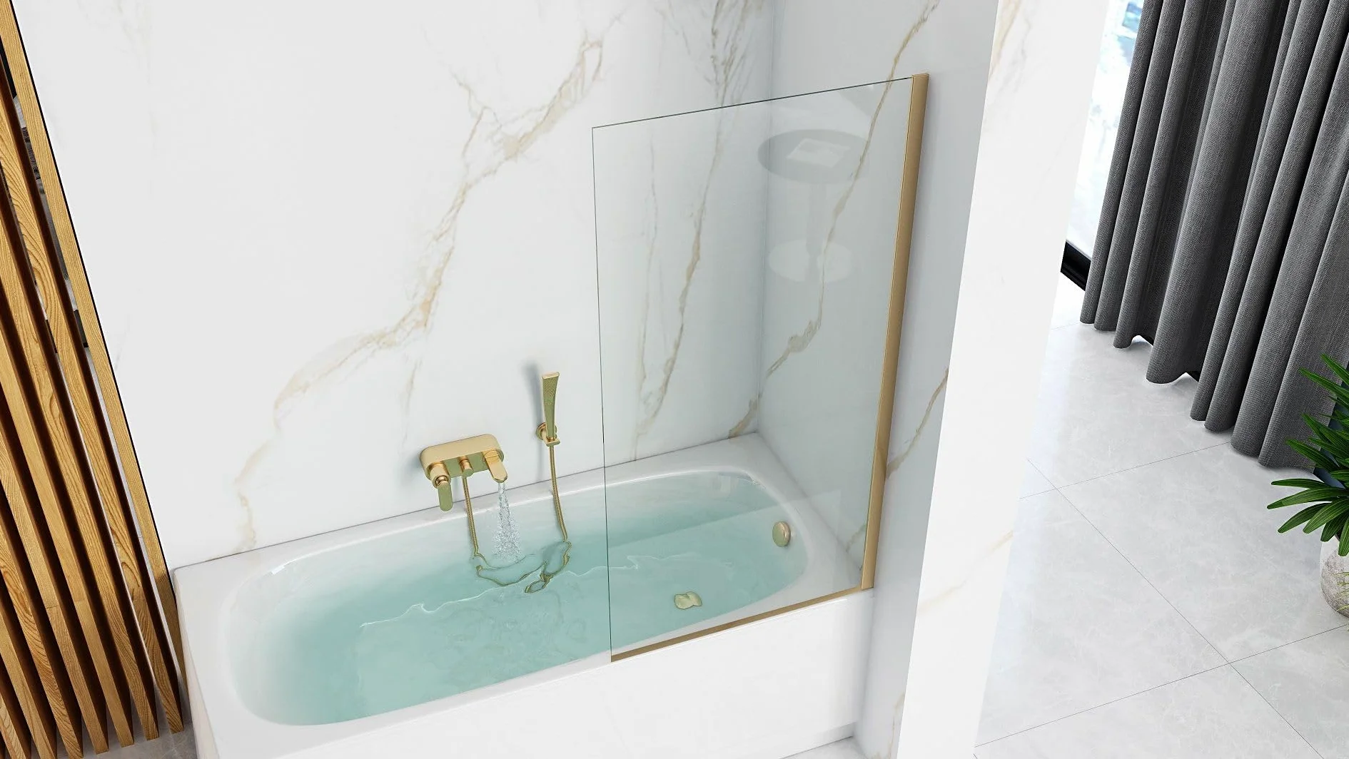 Rea - Parete Vasca Elegant Gold 80 X 140 cm Sopravasca A Parete, Vetro Di Sicurezza 5 mm (Finitura Profilo: Oro Chiaro)