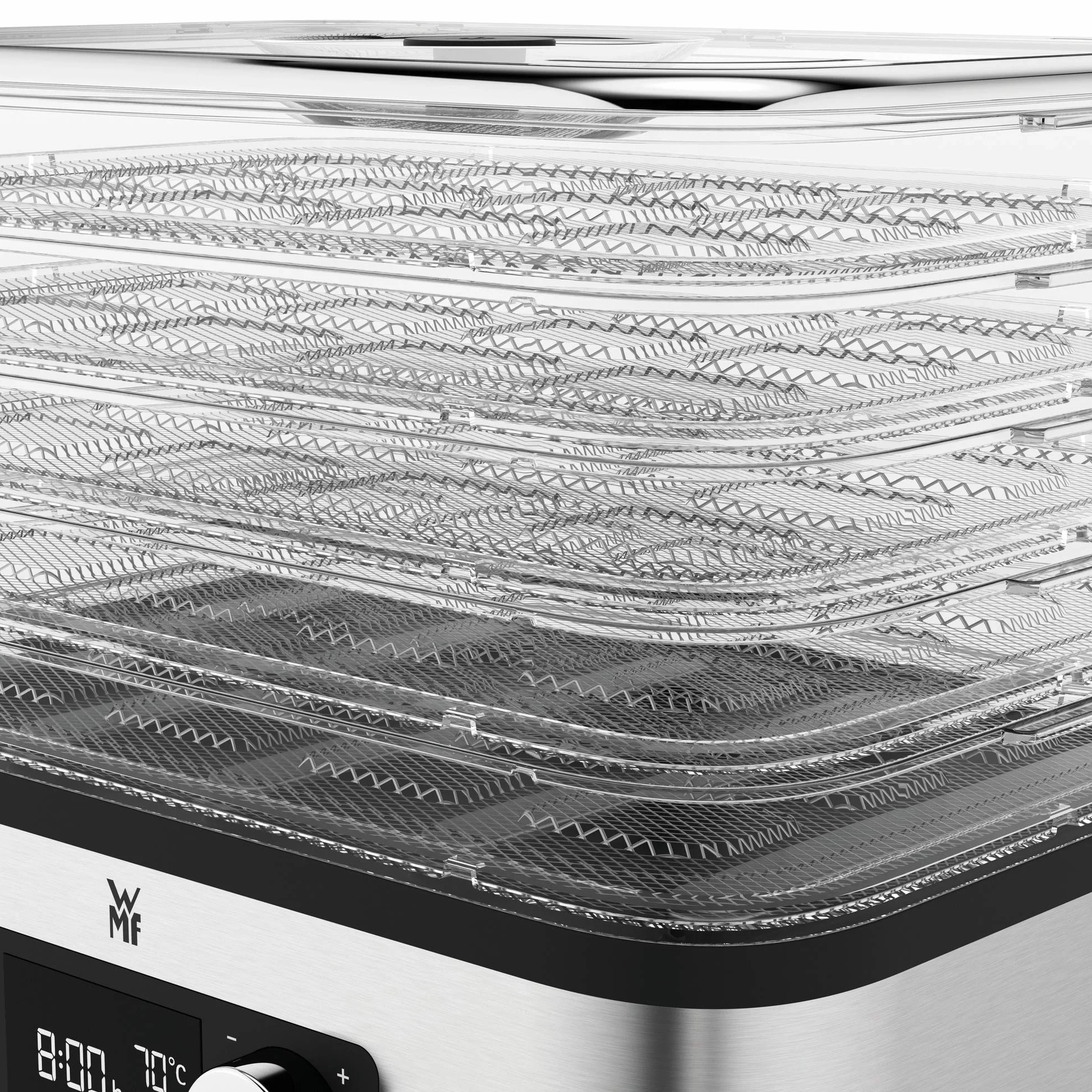 WMF KitchenMinis Essiccatore Compatto Snack to Go, in Acciaio Cromargan con 5 Griglie di Essicazione in Tritan, Sistema Silenzioso, Essicatore con Display LCD e Timer Programmabile, Dim. 28 x19x21 cm