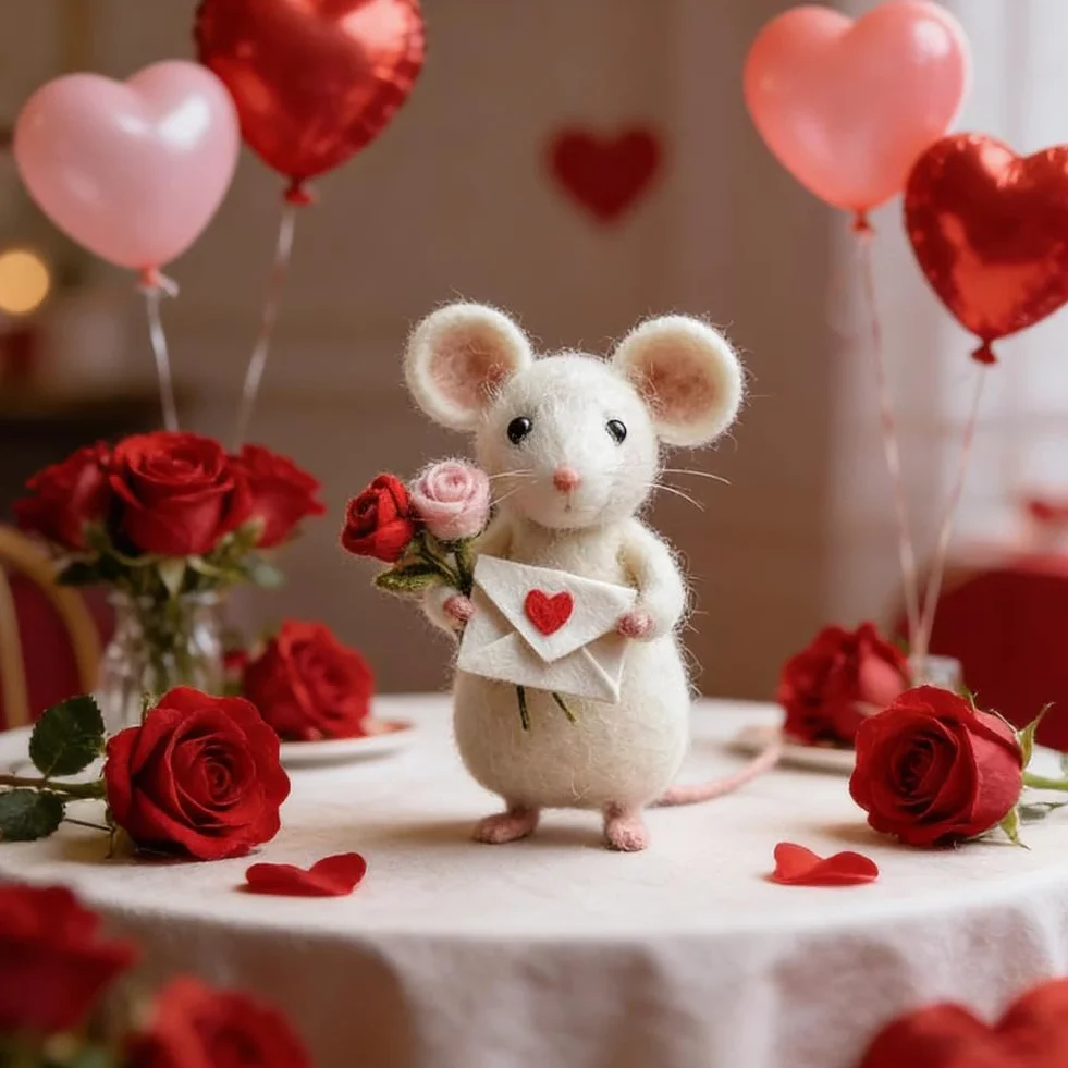 Topo infeltrito ad ago fatto a mano, ornamenti in feltro per San Valentino, regalo affascinante per stanza