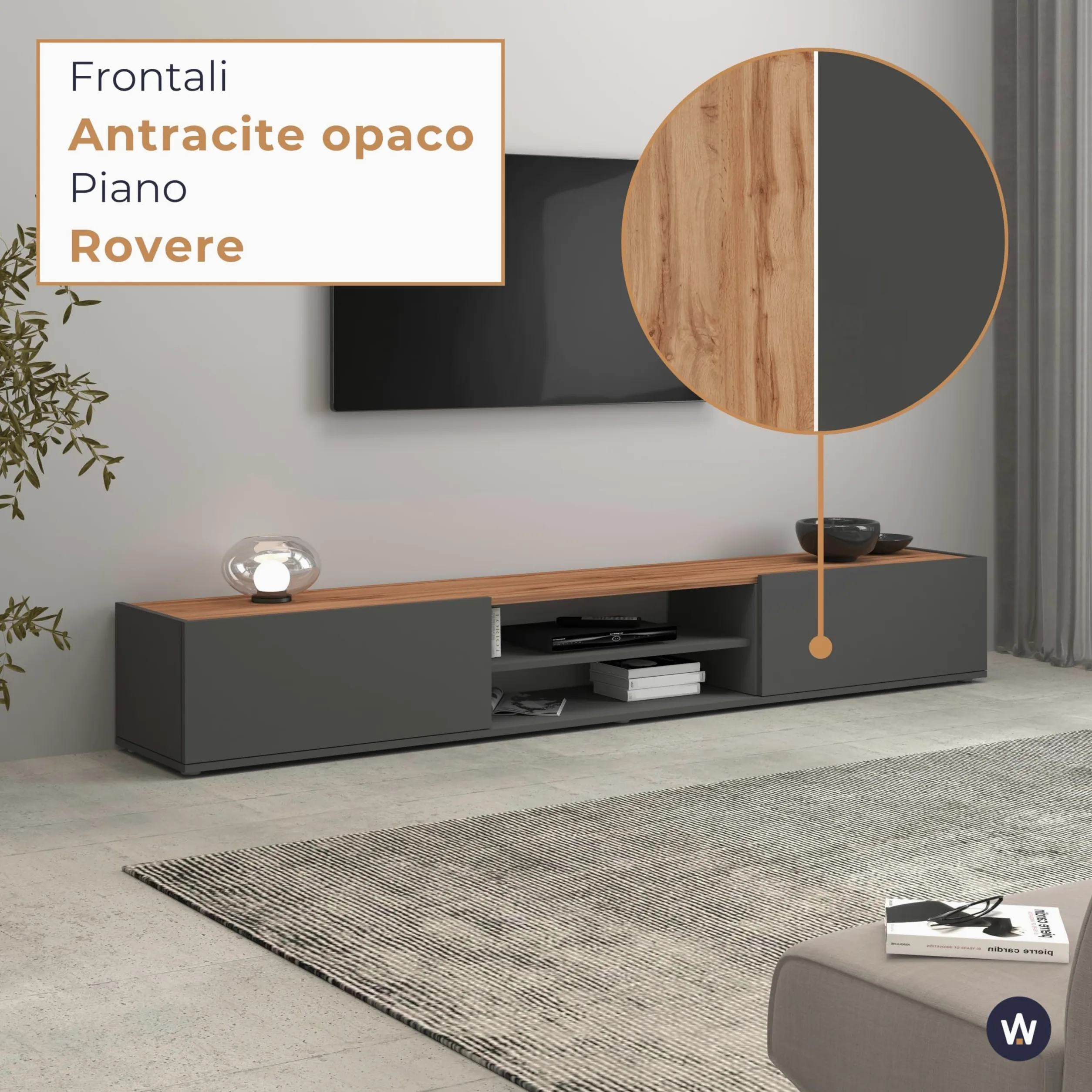 WHOUS Mobile Porta TV Sospeso GARDA per Soggiorno con 2 Ante a Ribalta e 1 Ripiano Centrale, Mobile Tv a Parete per Salotto, 210x35x30 cm, Antracite Opaco e Rovere