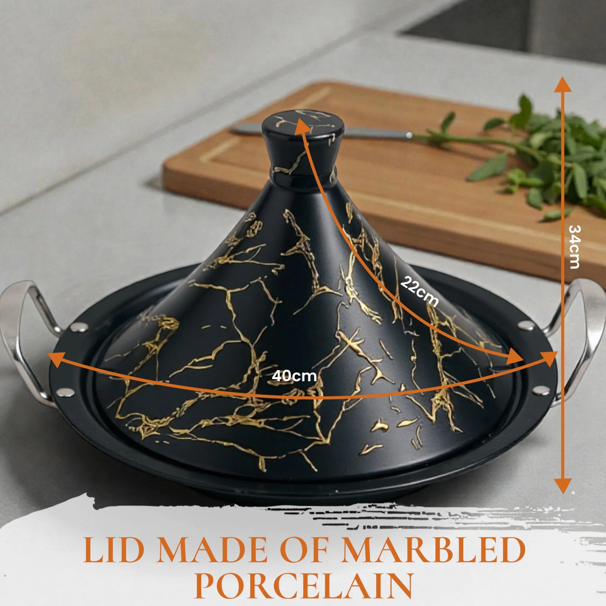Tajine Royal Swiss - Acciaio inox antiaderente, coperchio in porcellana, per tutti i piani cottura, a induzione, a gas, elettrica, cucina sana (nero, 34 cm)