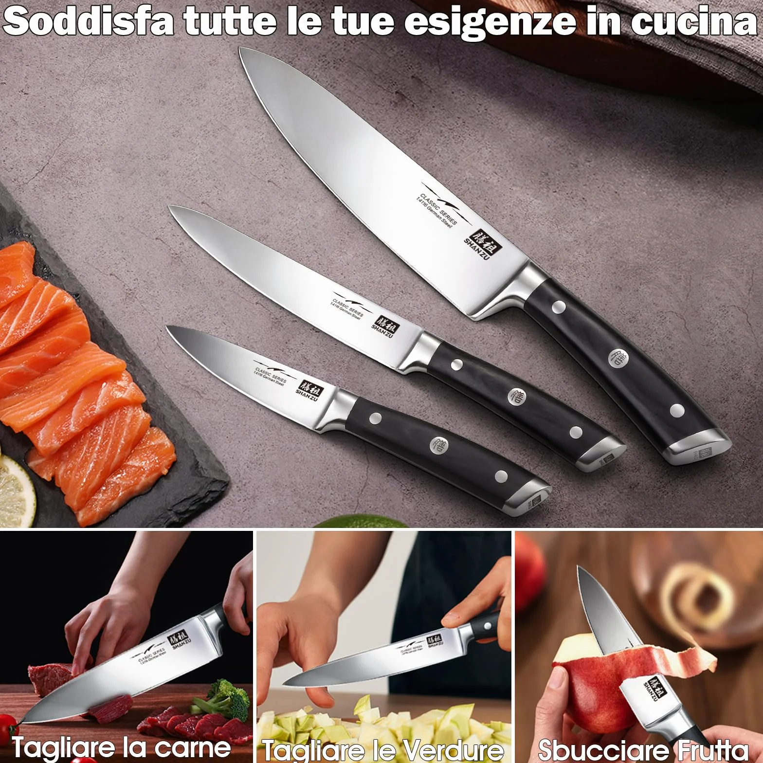 SHAN ZU Set di Coltelli da Cucina 3 Pezzi Acciaio Inox Ultra Affilati 20 cm 15 cm 9,5 cm