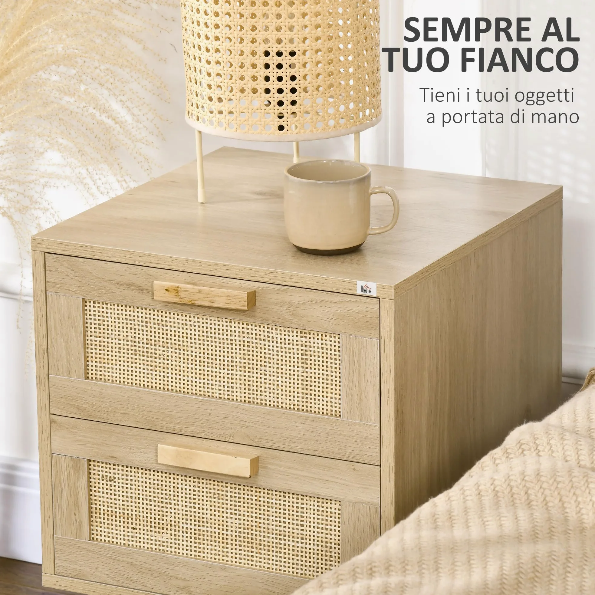HOMCOM Set di 2 Comodini per Camera da Letto, Comodini Stile Boho Eleganti con 2 Cassetti, 40x40x56cm, Colore Legno Naturale