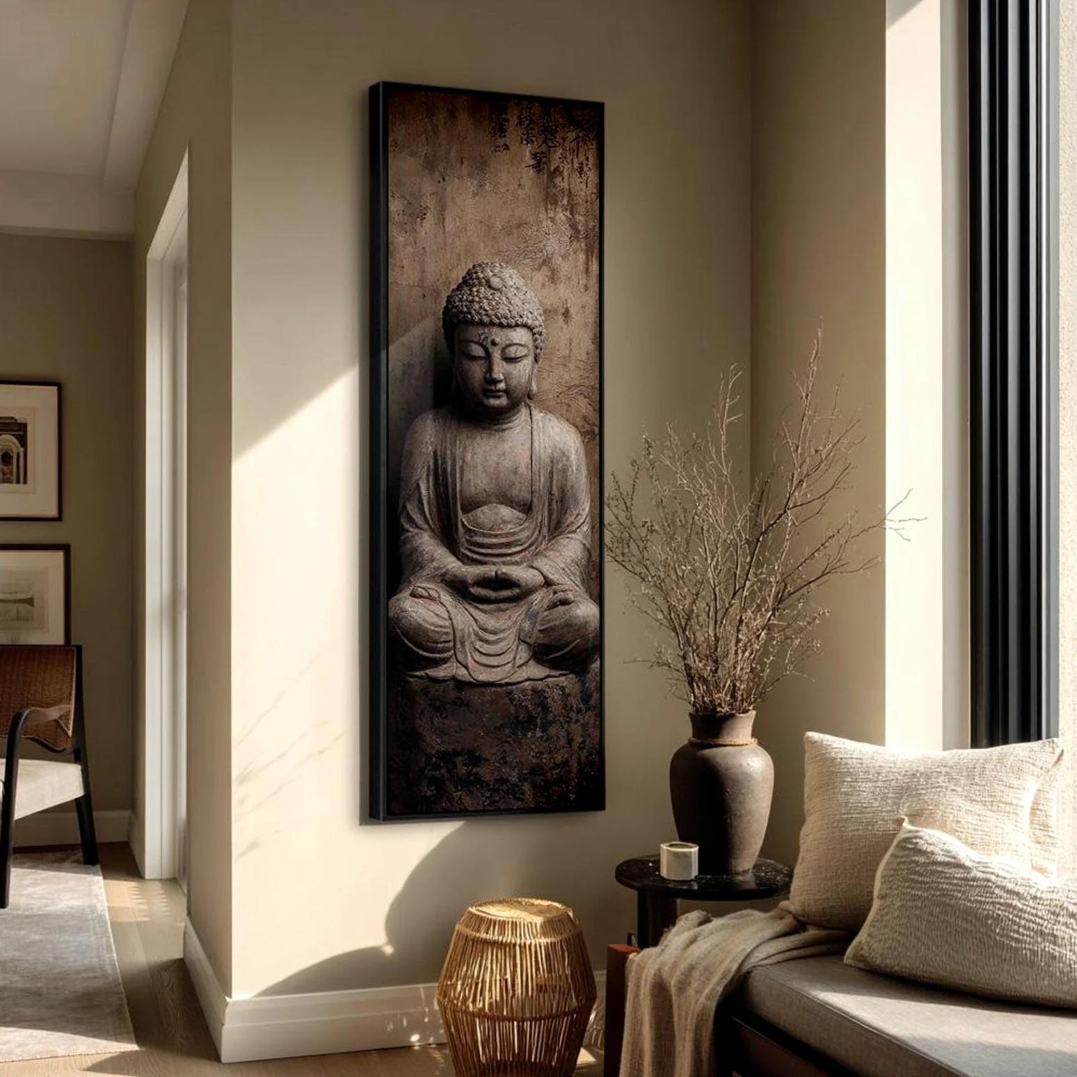 XINBAO Quadro su tela per studio di yoga, arte da parete alta e stretta per la meditazione, decorazione murale zen, pezzo d'effetto slanciato, dipinto di Buddha (60x180 cm/cornice interna)
