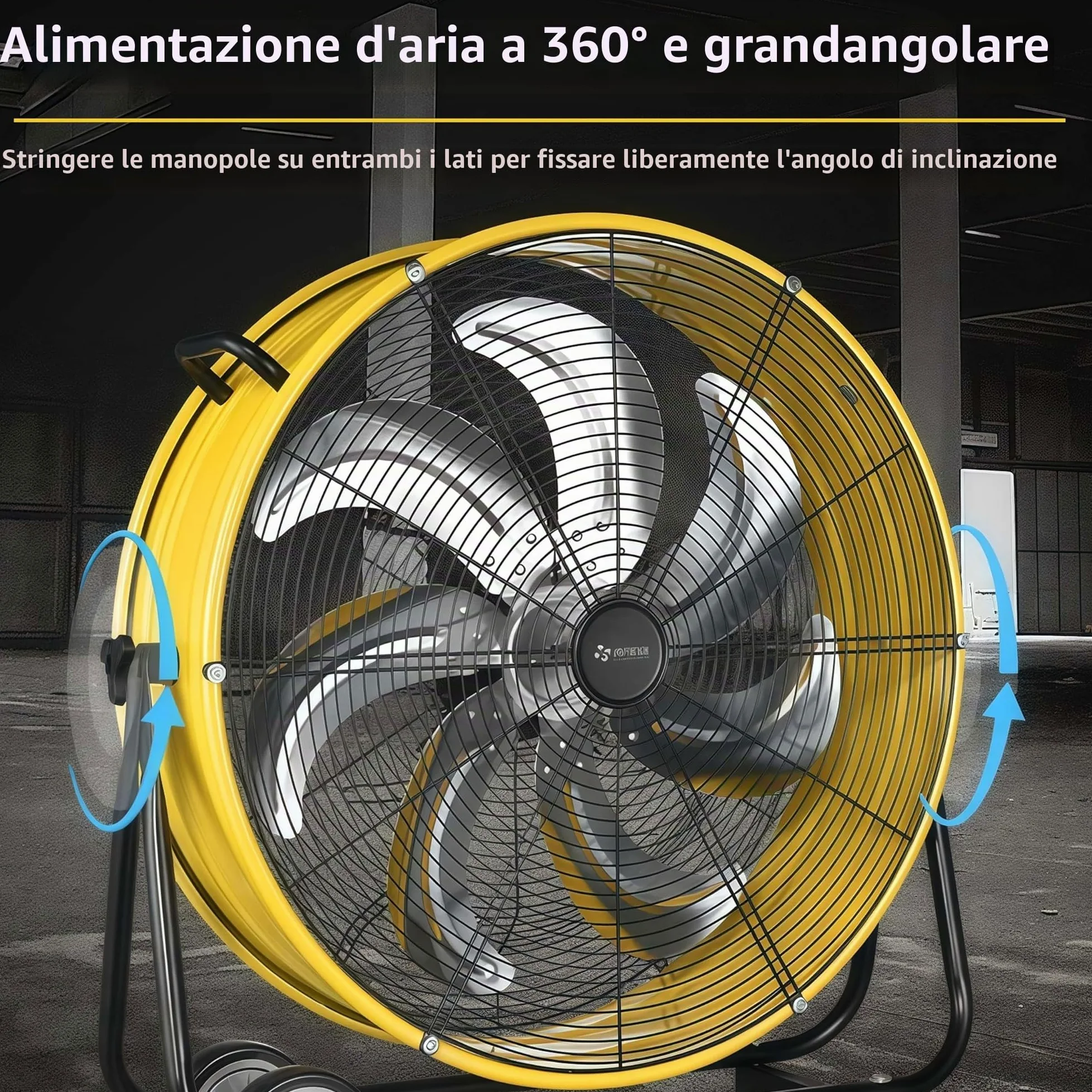 Grande ventilatore industriale a tamburo a 3 velocità, ventilatore da pavimento ad alta velocità con ruote e maniglia incorporate per garage, magazzini, officine, fabbrica e seminterrato