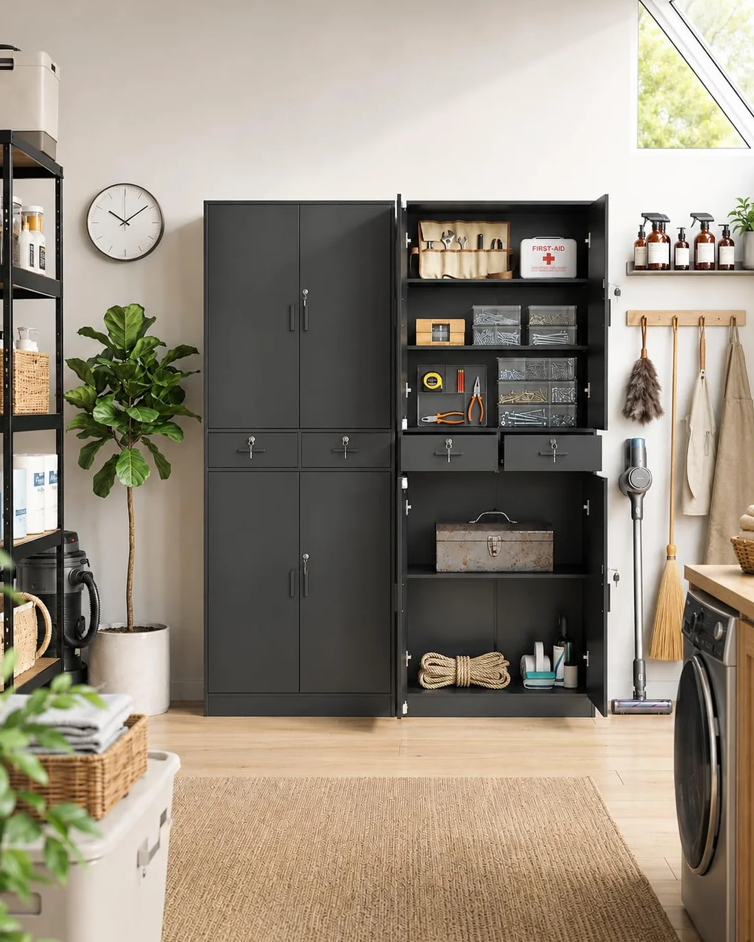 Armadio Alto 200 cm Schedario da Ufficio con Serratura Armadio Multiuso in Legno con 4 Ante 2 Cassetti e Ripiani Regolabili Armadio da Garage Nero 78 x 40 x 200 cm
