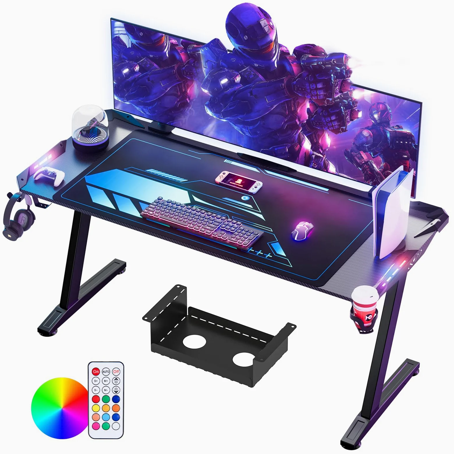 Himimi Scrivania Gaming LED 160 x 70 CM, Tavolo Gaming Ergonomica, Postazione Gaming Dotato con Piano del Tavolo in Fibra di Carbonio, Scrivania per Computer con Porta Bicchiere e Ganci per Cuffie