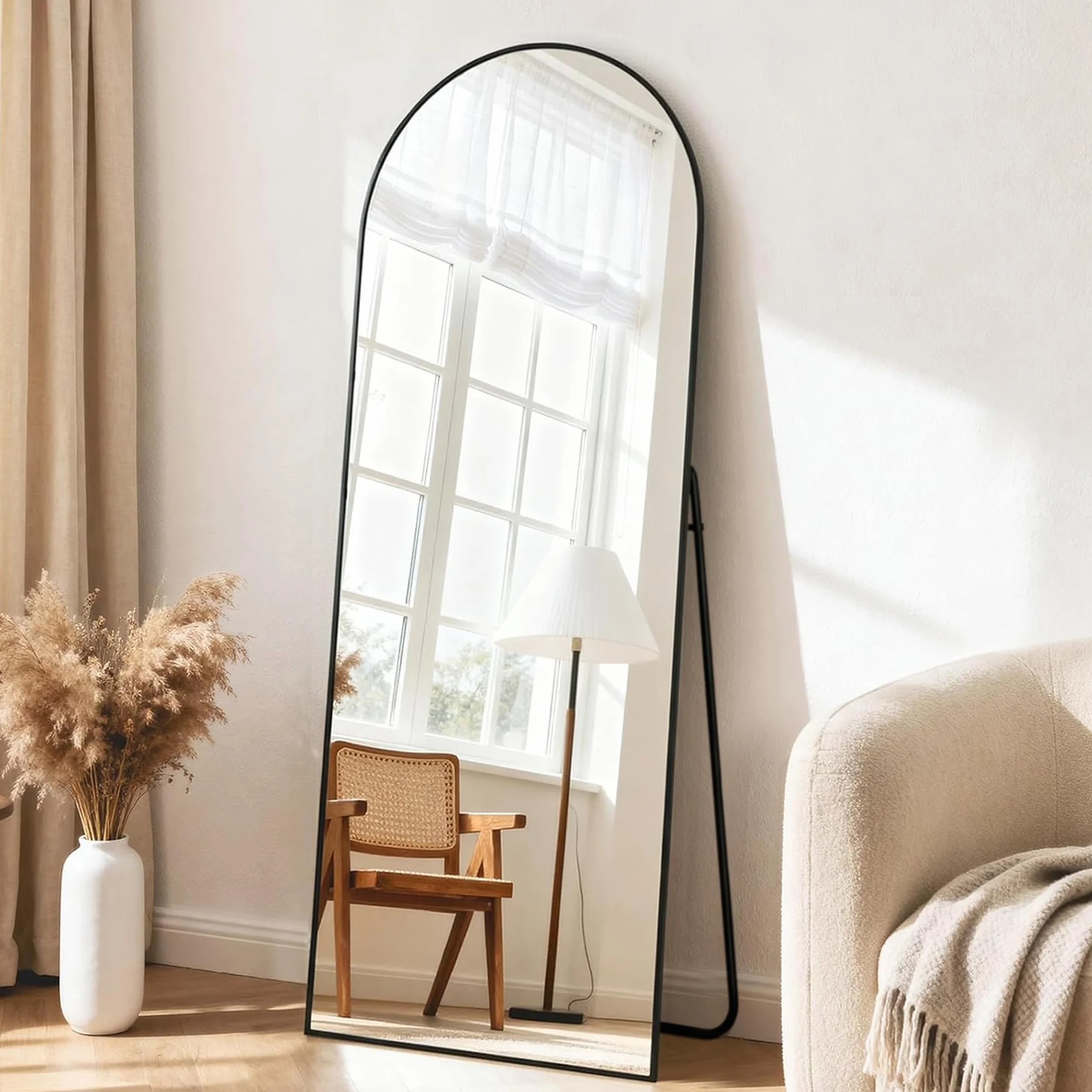Specchio a Figura Intera 165 x 60 cm, Specchio da Terra ad Arco con Supporto, Vetro Temperato, Cornice in Lega di Alluminio, Camera da Letto Soggiorno