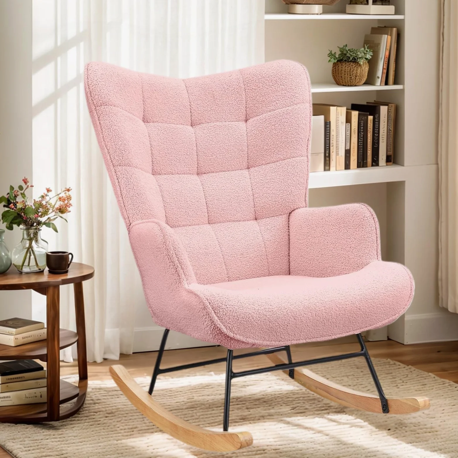 Sedia a dondolo, sedia a dondolo, imbottita, per soggiorno, camera da letto, portata fino a 130 kg, rosa, 75 x 68 x 92 cm