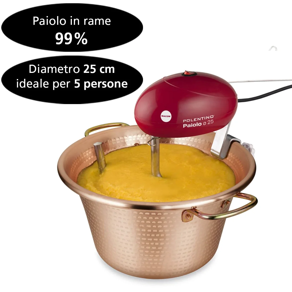 MACOM Just Kitchen 850 Paiolo Polentino con miscelatore elettrico, Rame, Diametro 25 cm.