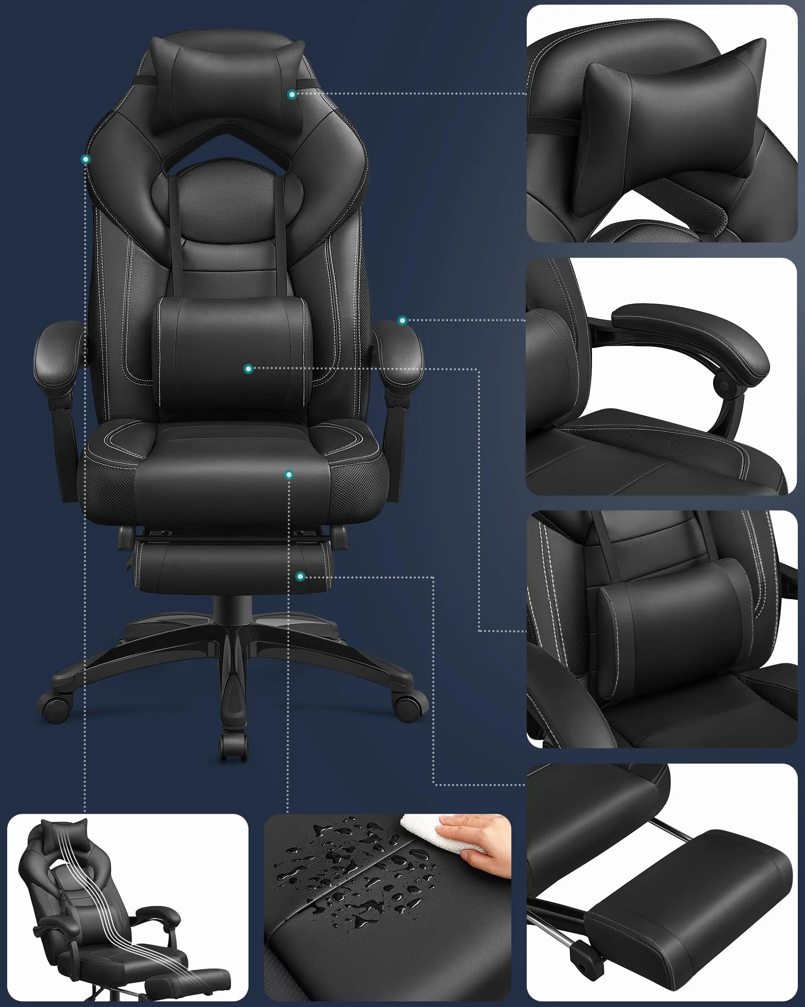 SONGMICS Sedia Gaming, Sedia Ufficio Scrivania, Ergonomico, con Poggiapiedi, Poggiatesta Regolabile, Cuscino Lombare, Portata 150 kg, Nero OBG077B01