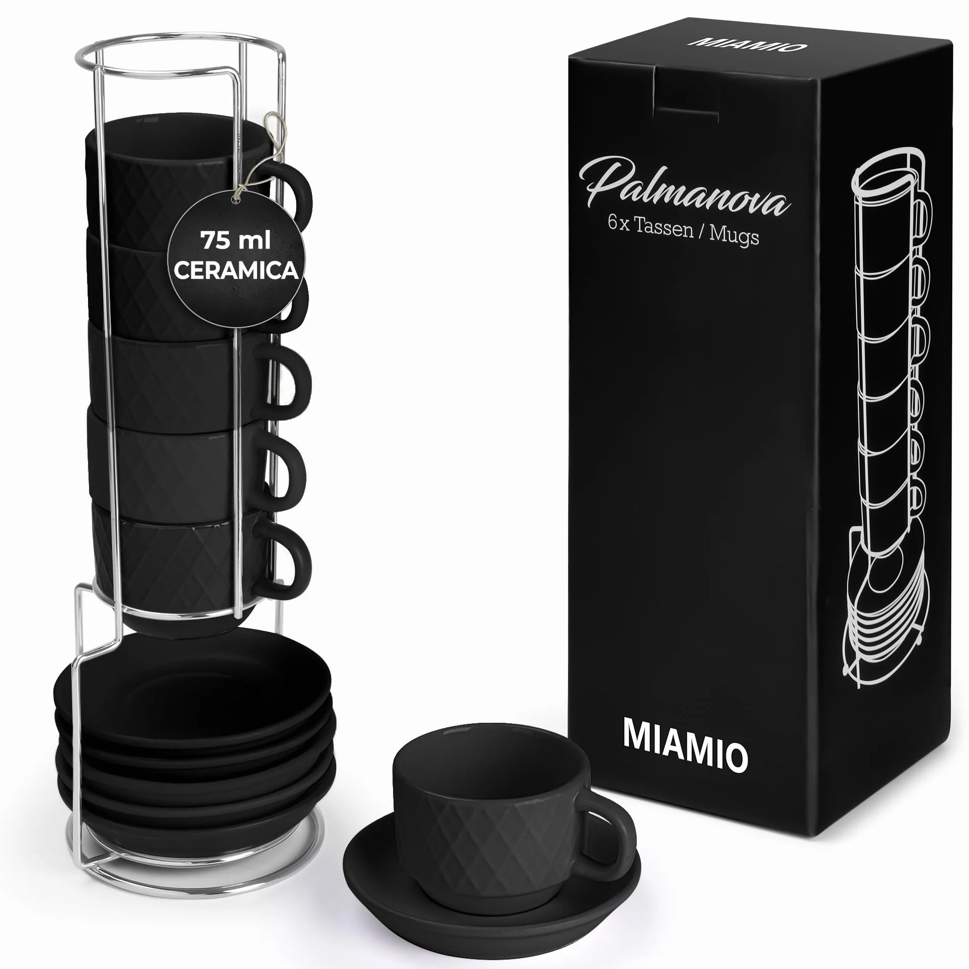 Set di 6 tazze da caffè espresso in ceramica 75 ml con motivo a diamante Palmanova Nero