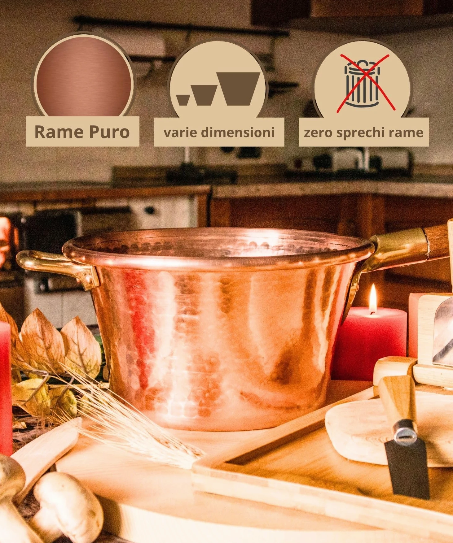 CREARTISTIC Paiolo per Polenta in Rame, 30 cm 6L - Manico Legno, 9 Persone, anche per Marmellata, Formaggi, Pentola Martellata a Mano - Made in Italy