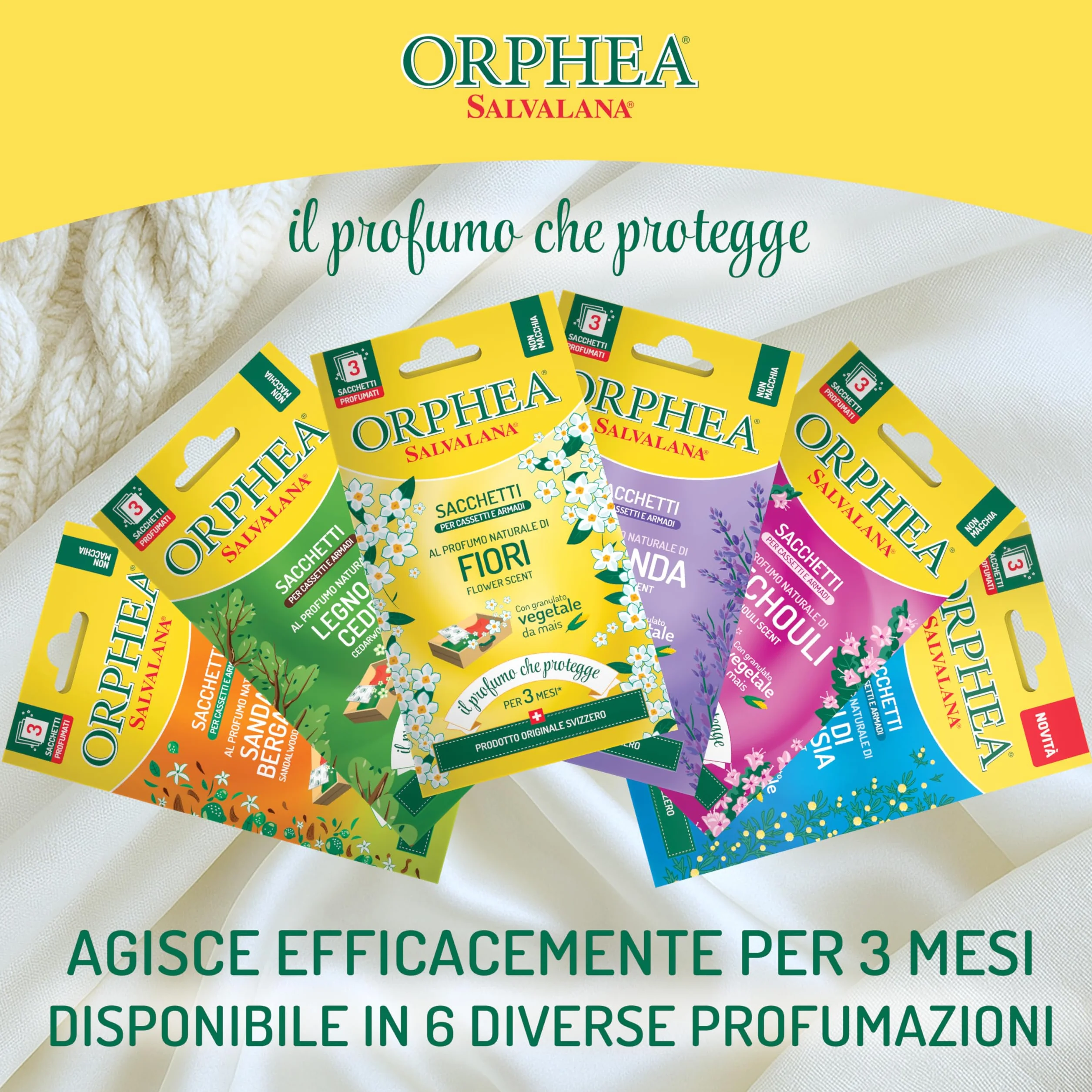 Orphea Salvalana, Sacchetti per Cassetti e Armadi, Per Lana e Vestiti Tutta la Stagione, Profumo di Legno di cedro, 3 Sacchetti in Carta di Canapa