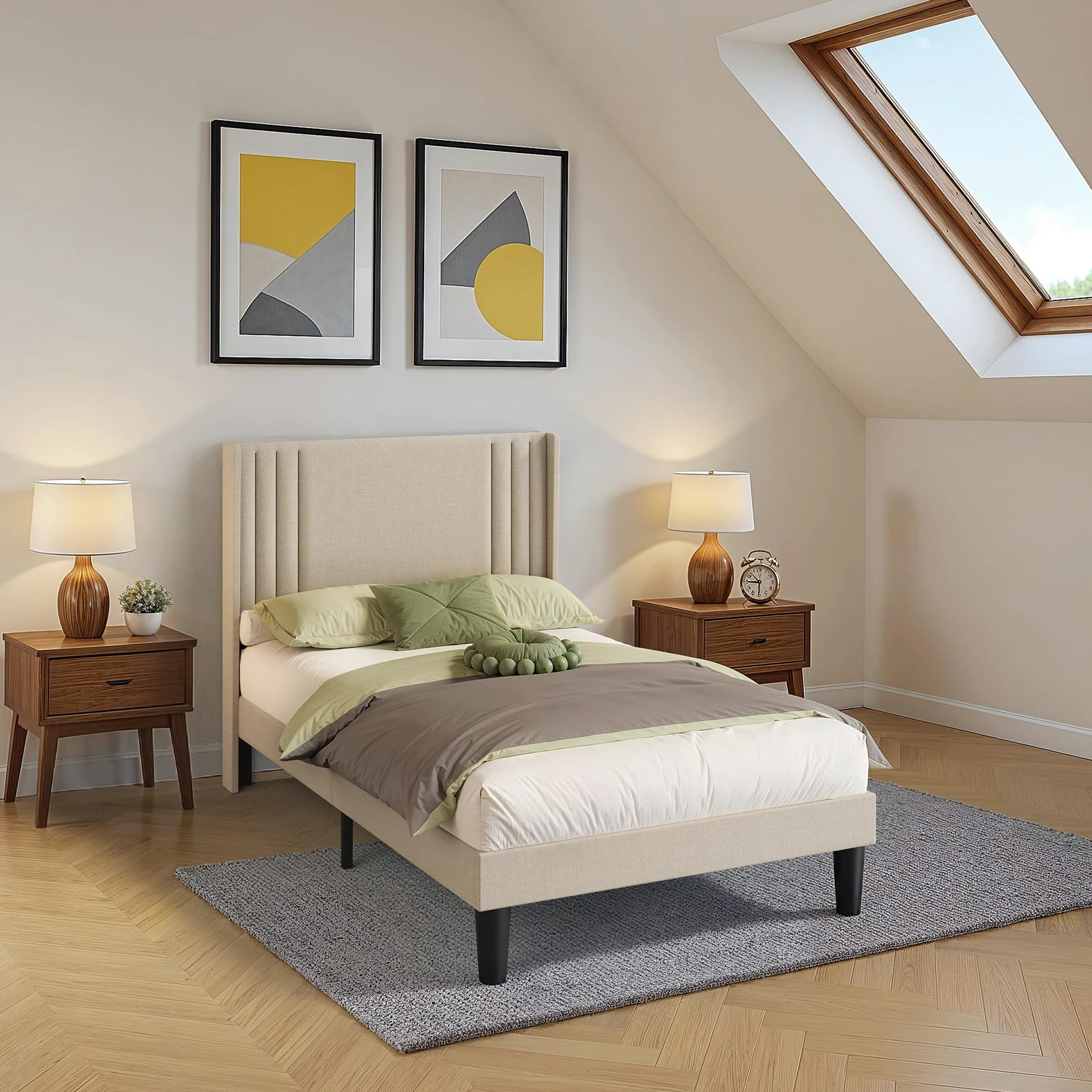 Letto imbottito 120 x 200 cm, con testiera e rete a doghe, robusto letto in tessuto per ragazzi e camere degli ospiti, struttura imbottita,Beige