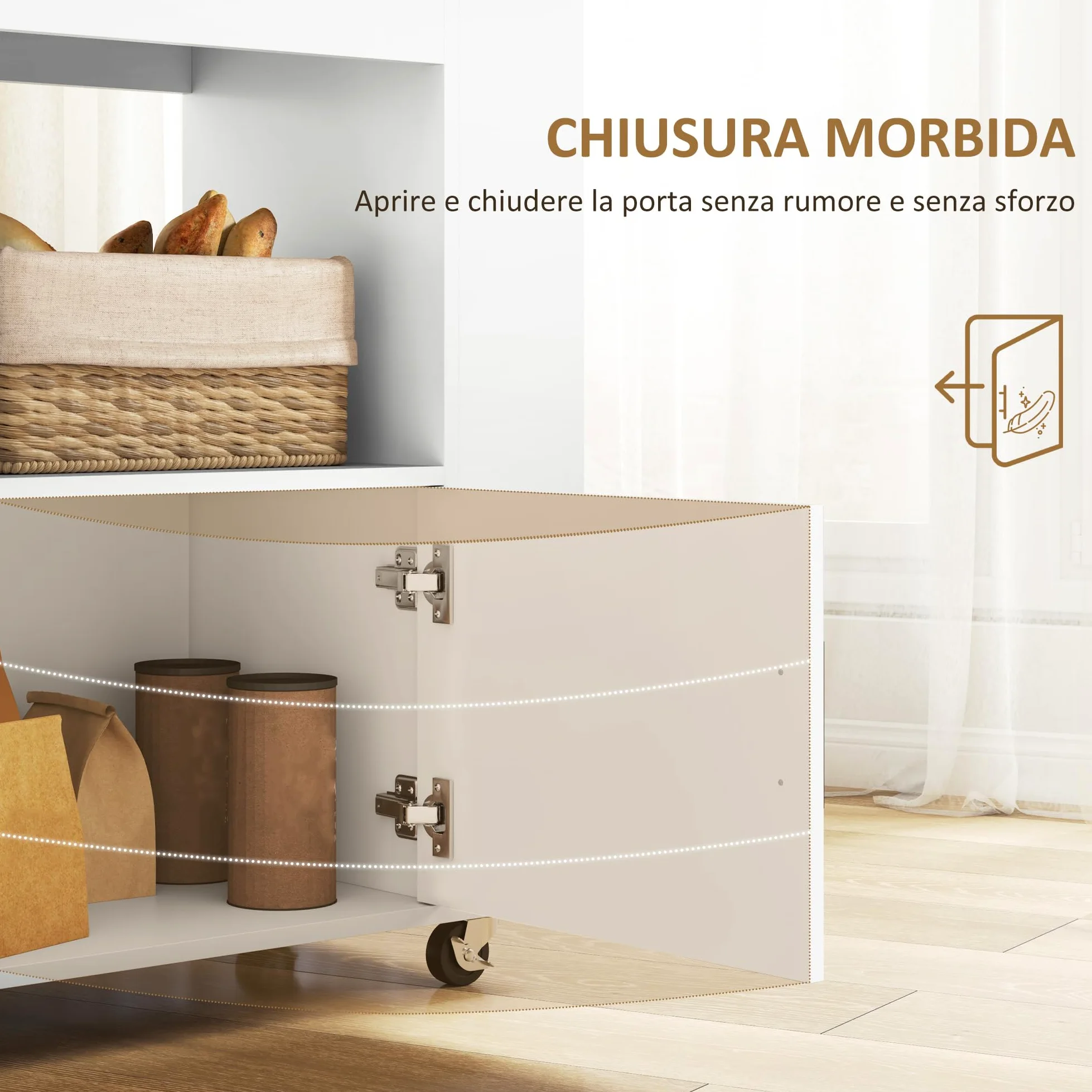 HOMCOM Carrello da Cucina con 6 Portabottiglie, 3 Ripiani Laterali e Armadietto con Cerniere Ammortizzate, Mobiletto Cucina con Portasciugamani e Piano in Legno di caucciù, 83x40x83cm, Rovere