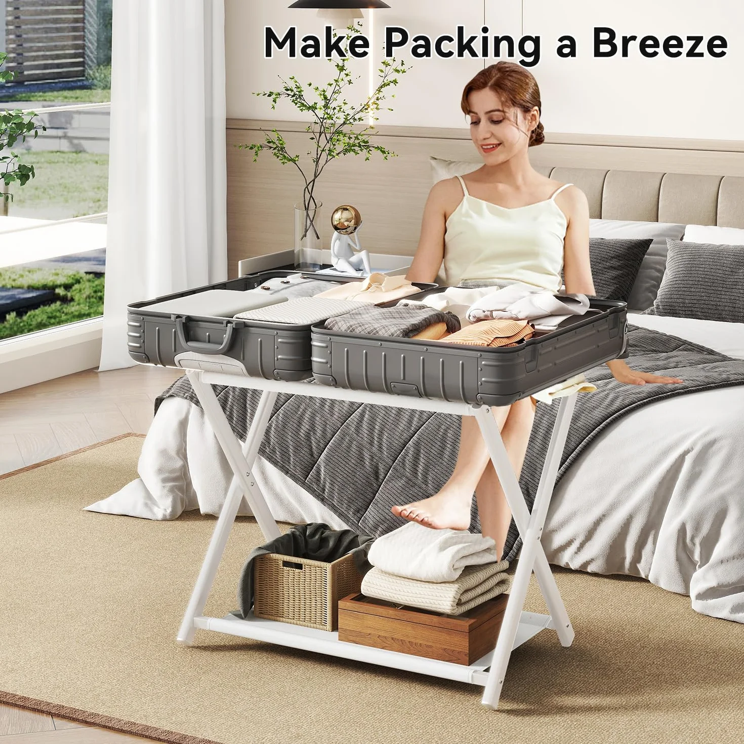 IBUYKE Luggage Rack Foldable Suitcase Stand with Storage Shelf White