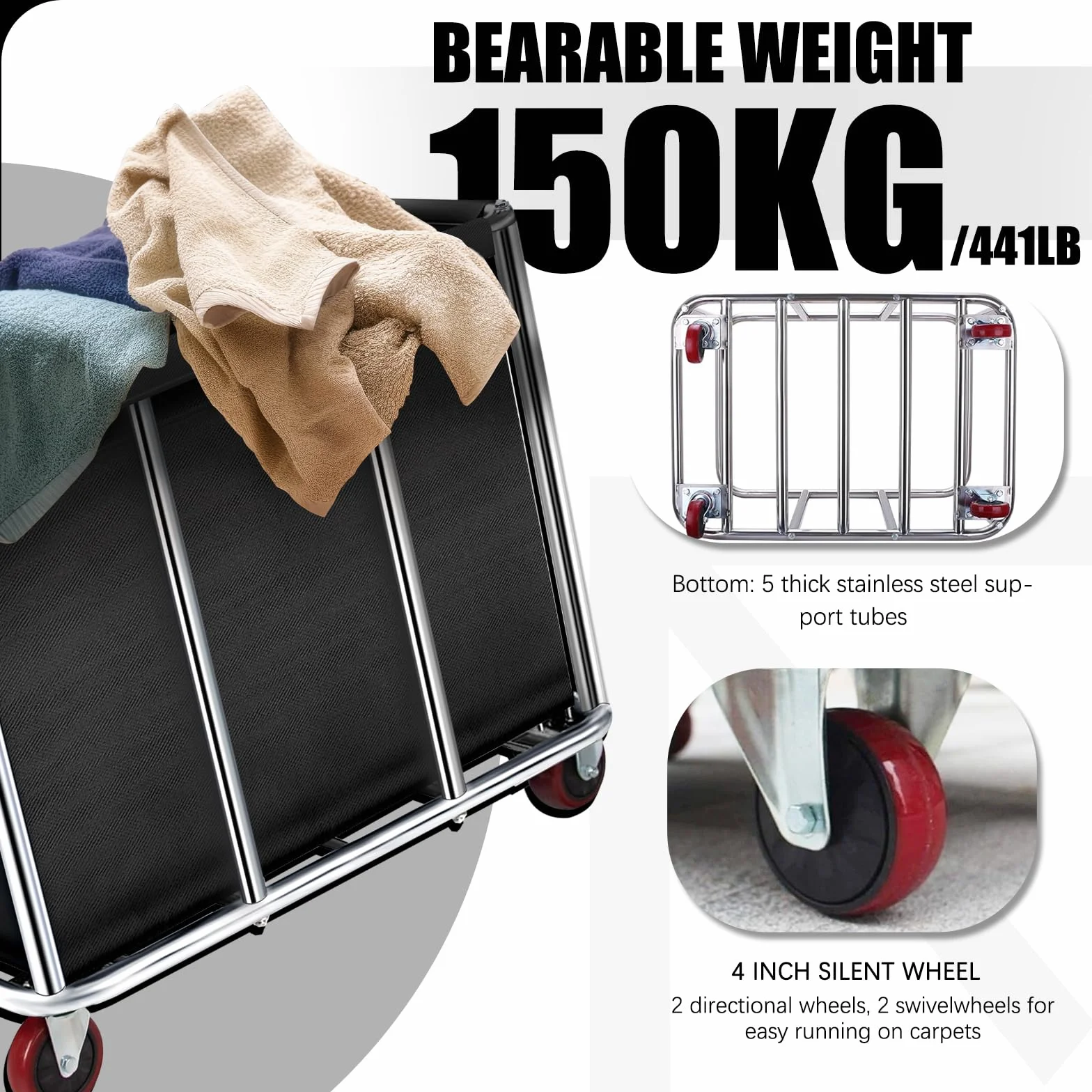 Carrello portabiancheria commerciale, grande 400 litri con tela impermeabile rimovibile, cesto portabiancheria in acciaio inossidabile resistente con ruote per hotel e ospedale, carico di 199,6 kg