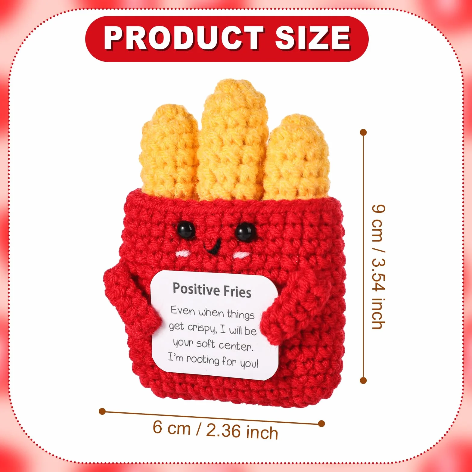 Mini Patatine Fritte Positive, 9cm Patatine Fritte a Maglia di Sostegno Emotivo Giocattolo Peluche Positivo con Carta Creativa Bambola all'Uncinetto Regalo di Incoraggiamento per Bambini Amici