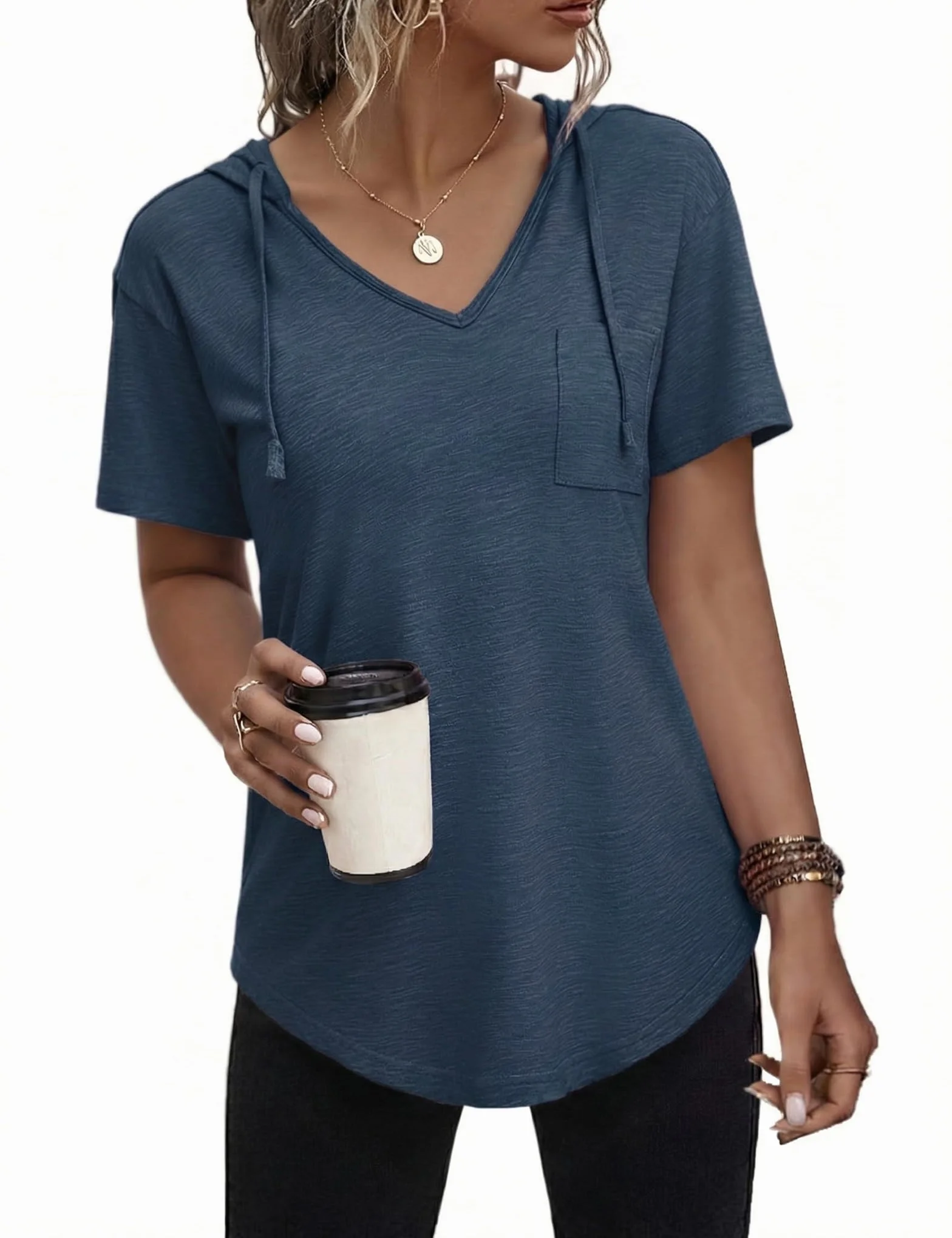 Aottori Felpa Donna con Cappuccio Maniche Corte Felpone Scollo a V Estiva Elegante Maglia Larga Leggero Maglietta Elasticizzato Tshirt Basic Pullover
