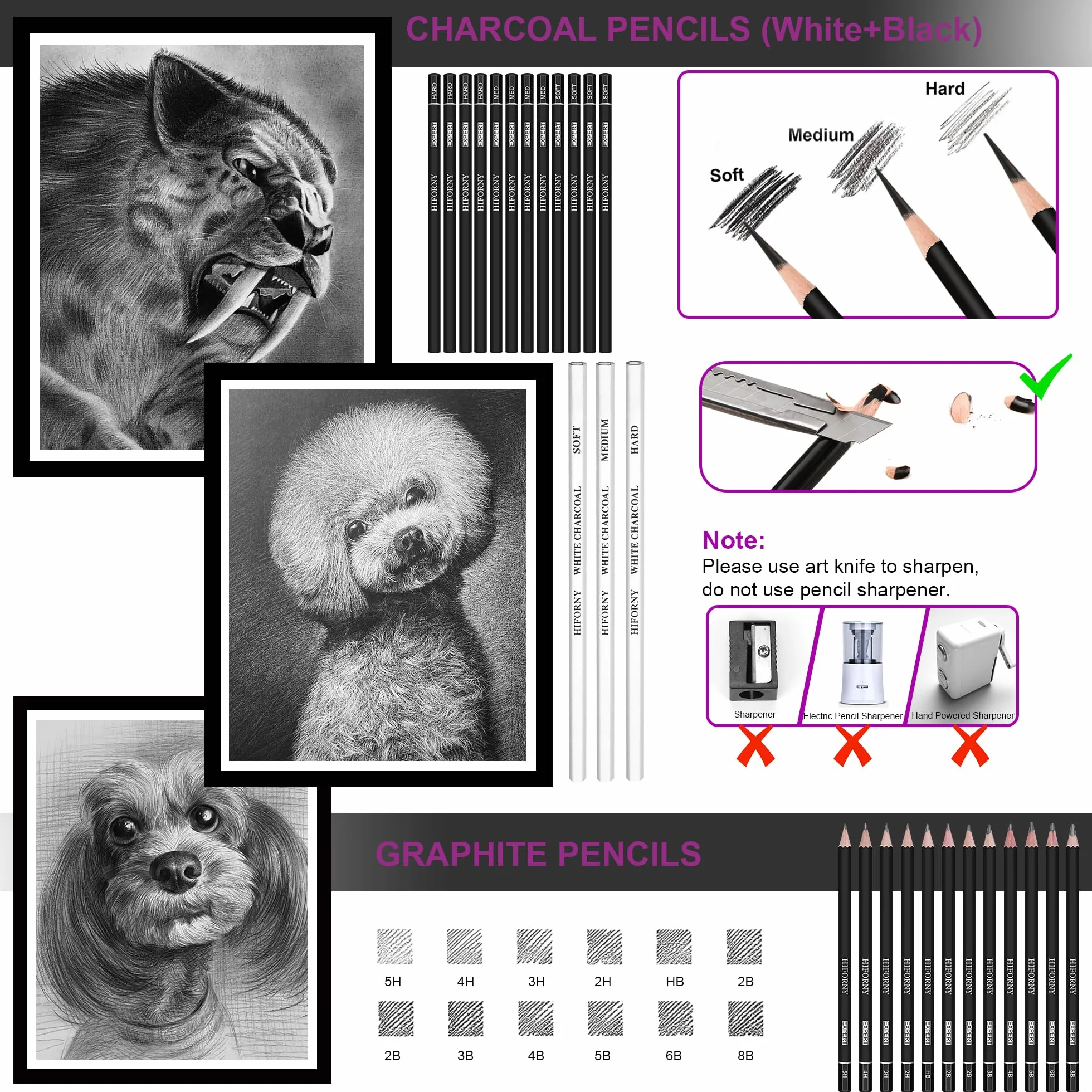HIFORNY Set di Disegno e Schizzo da 136 Pezzi, Forniture Artistiche Professionali con Matite di Grafite, Carboncino, Colori, Acquerelli, Matite Metallizzate, Strumenti di Sfumatura e Altro(Nero)